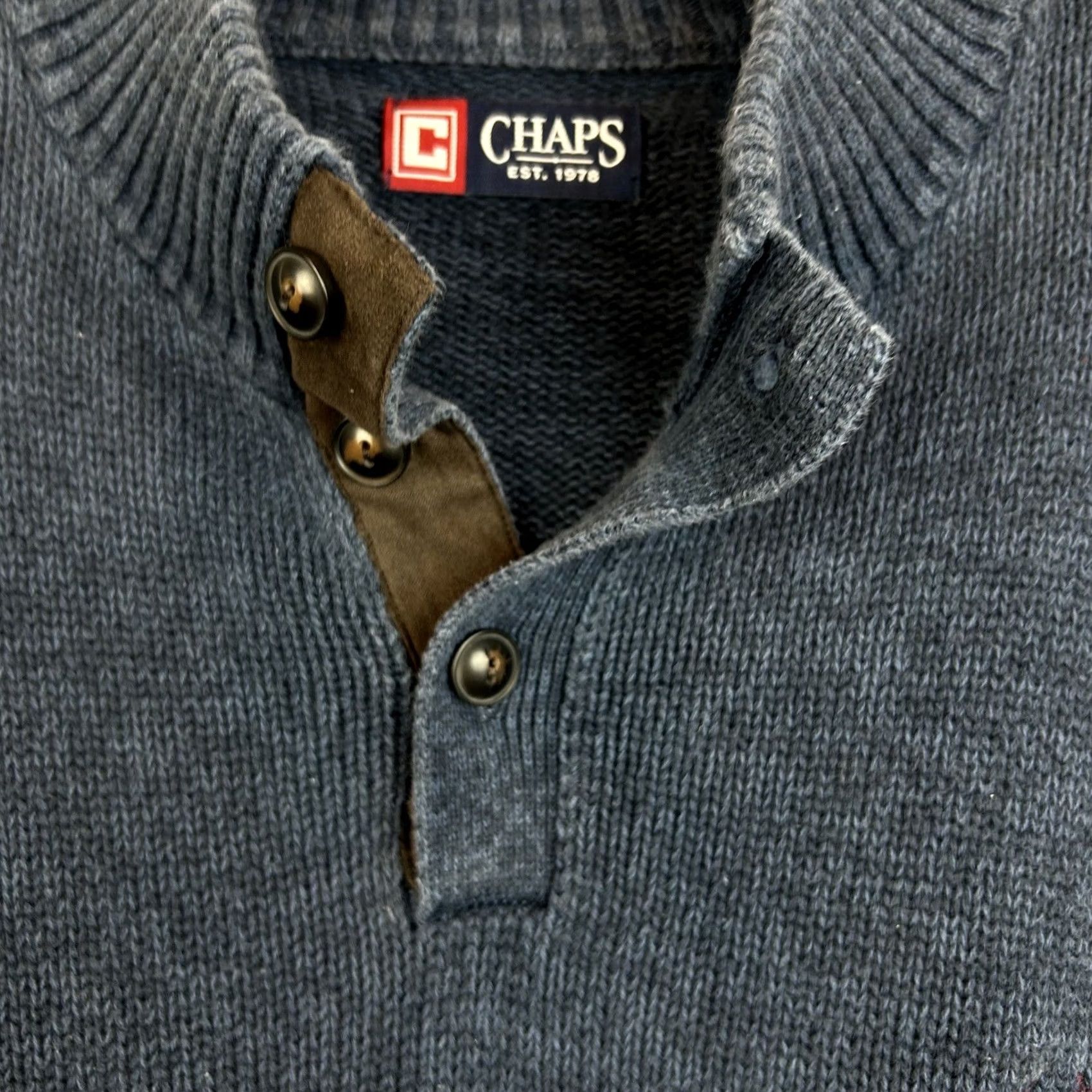 Chaps Chaps Sweater Mens XXL Quarter Button Mock Neck Elbow Patch Blue Cotton Read Size US XXL / EU 58 / 5 - 4 Thumbnail
