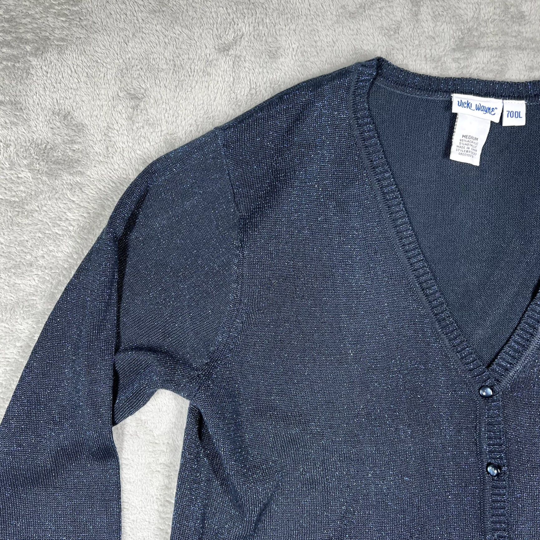 Vintage Vicki Wayne Cardigan Sweater Women’s Medium Navy Blue Glitter Shimmer Open V-Neck Long Sleeve Knit Slub Open Closure Everyday Size M / US 6-8 / IT 42-44 - 4 Thumbnail