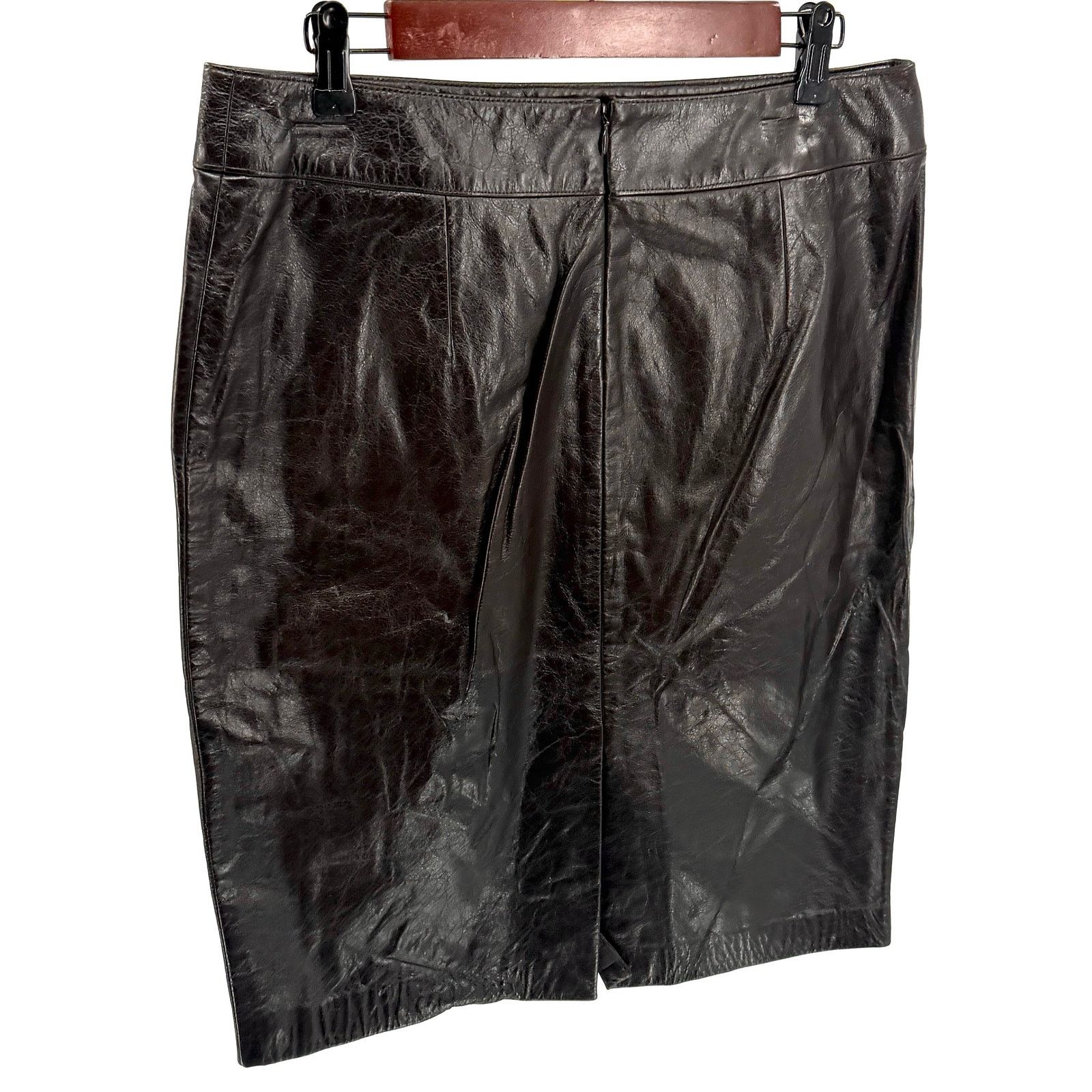 Laundry by Shelli Segal Vintage 90s Chocolate Brown Genuine Leather Pencil Skirt Size 34" / US 12 / IT 48 - 3 Thumbnail