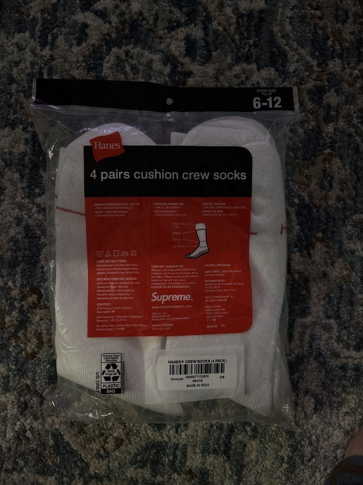 SUPREME HANES SOCKS 4 PACK WHITE