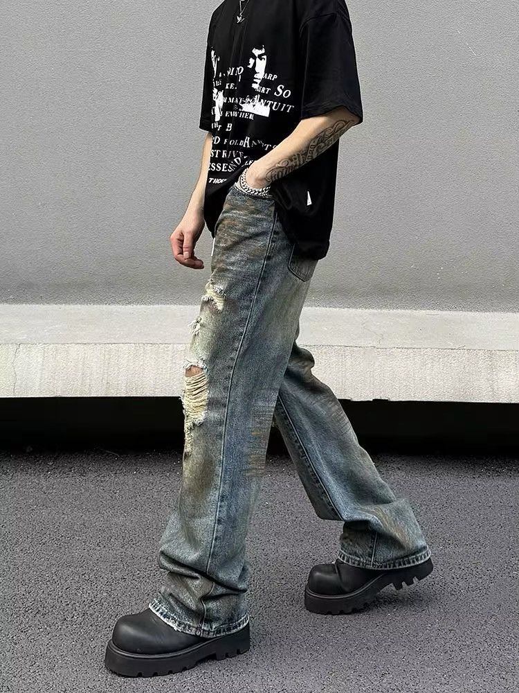 Jean Vintage Dirty Blue Distressed Hole Jeans Unisex Size US 33 - 4 Thumbnail