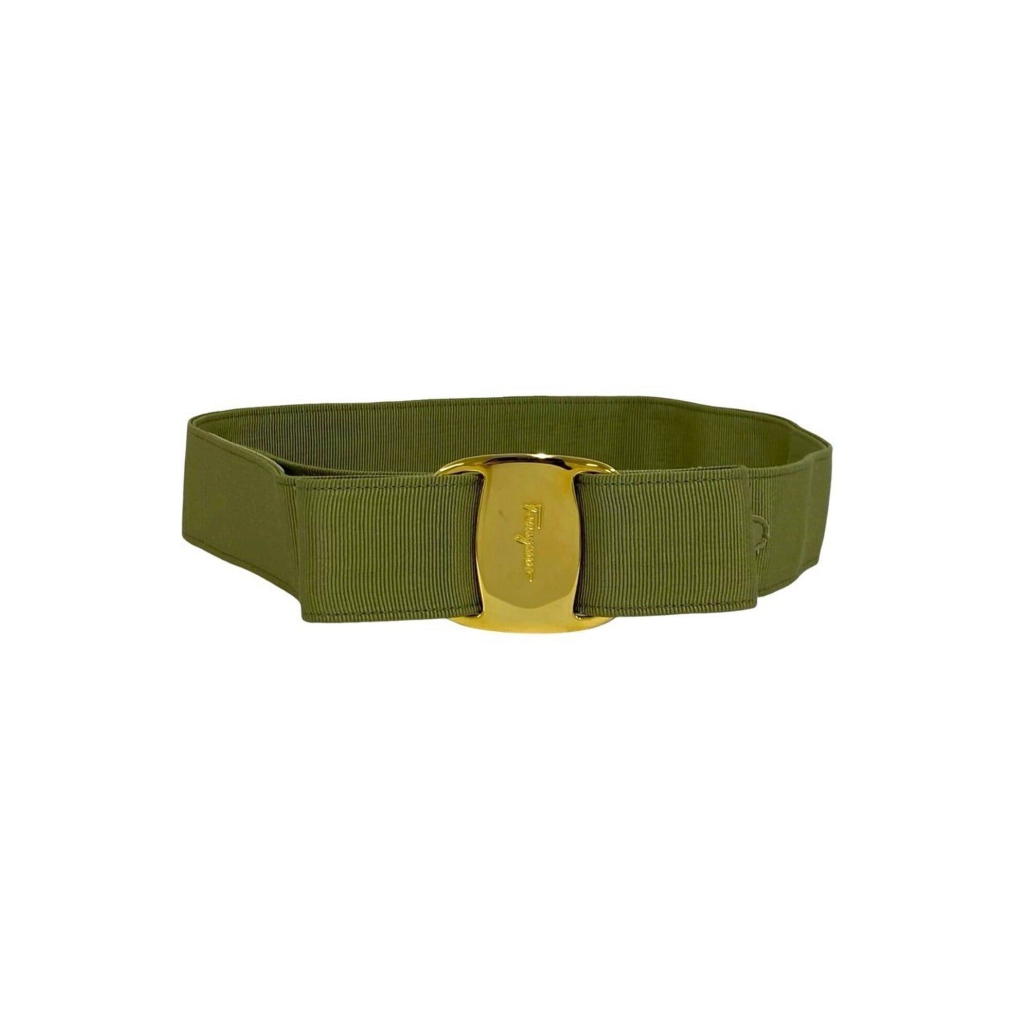 Salvatore Ferragamo Salvatore Ferragamo Vara Ribbon Logo Hardware Canvas Leather Genuine Belt Khaki Green 70512 Size ONE SIZE - 1 Thumbnail