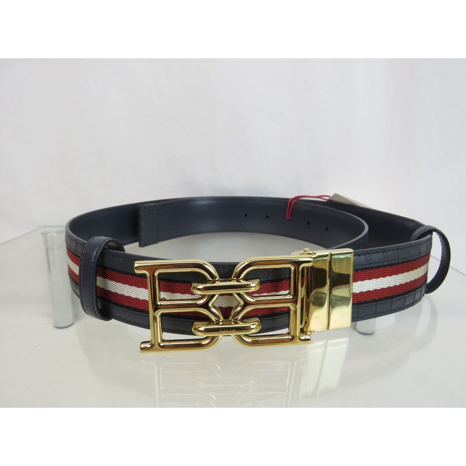 Bally B CHAIN BUCKLE ADJUSTABLE BLUE CROC LEATHER WEB BELT 110 44 Size 44 - 3 Thumbnail