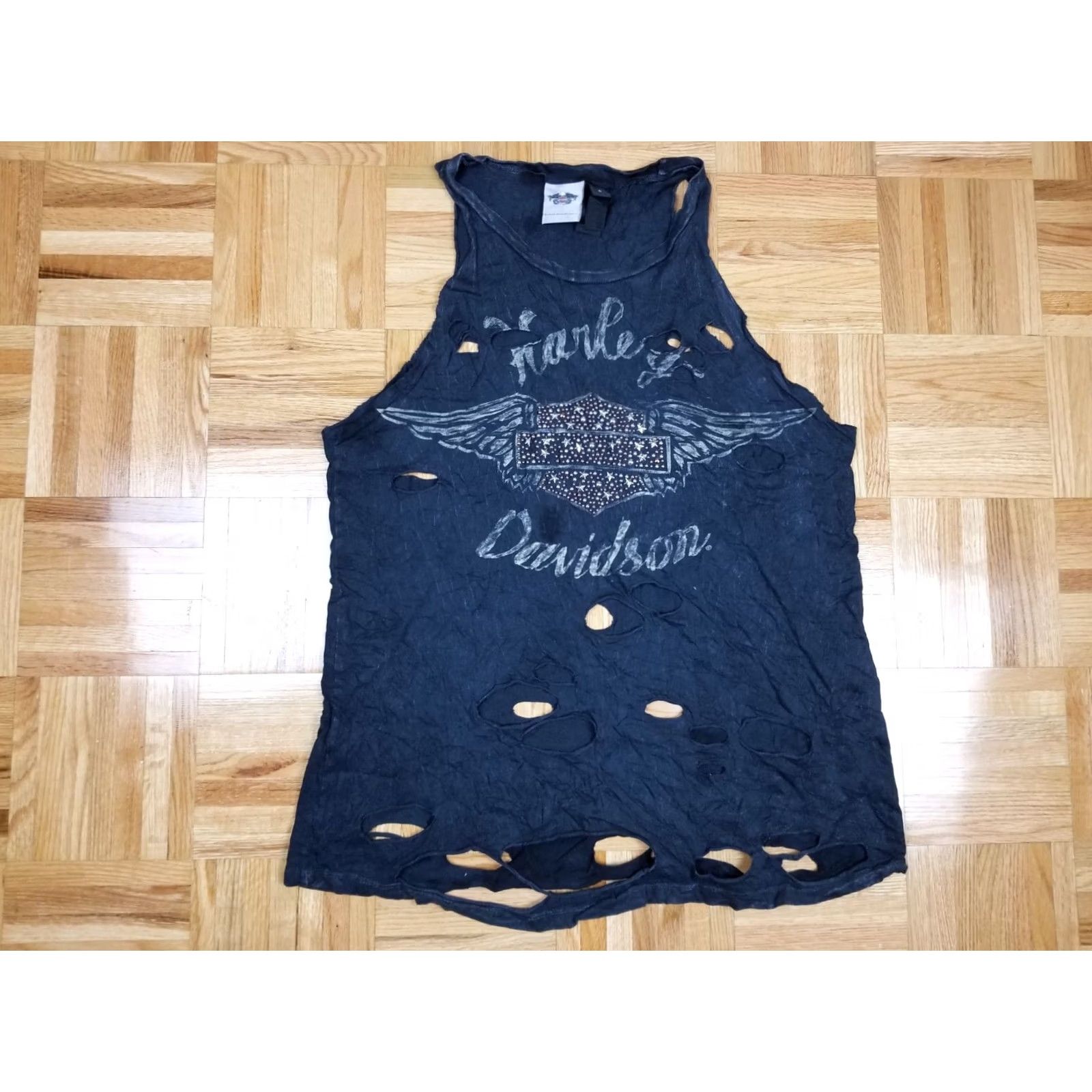 Vintage VINTAGE HARLEY DAVIDSON MOTORCYCLE WOMEN'S TANK TOP SZ SMALL WORN TRASHED BLACK Size S / US 4 / IT 40 - 2 Thumbnail