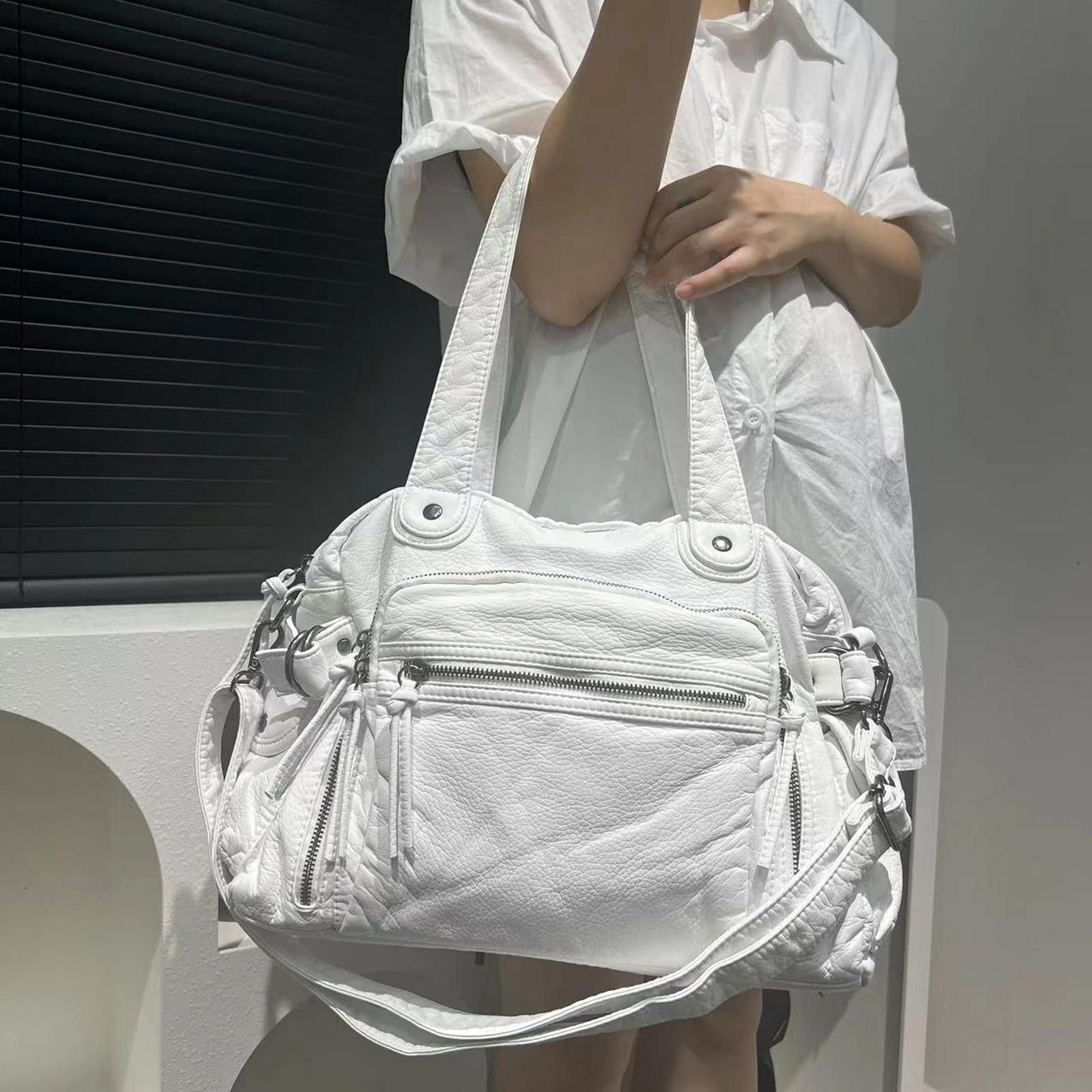 Vintage White Large Quilted Shoulder Bag with Multiple Zippers Size ONE SIZE - 3 Thumbnail
