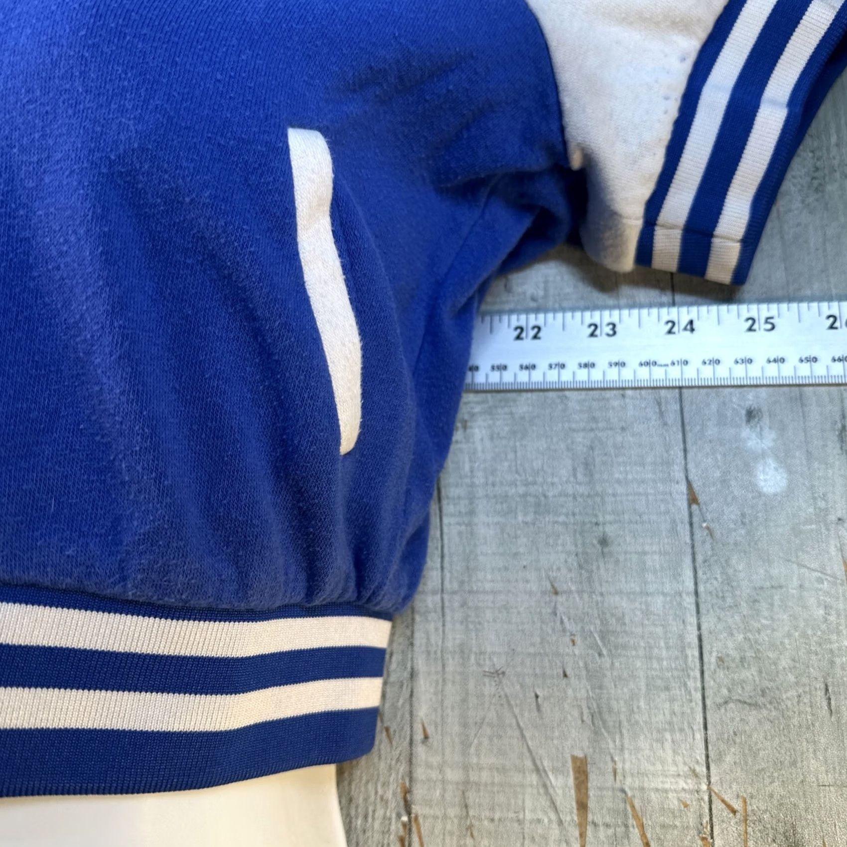 Vintage Womens Cropped Varsity Jacket Blue White Letterman Bomber Snap Front Size S Women Shirt? Size S / US 4 / IT 40 - 3 Thumbnail