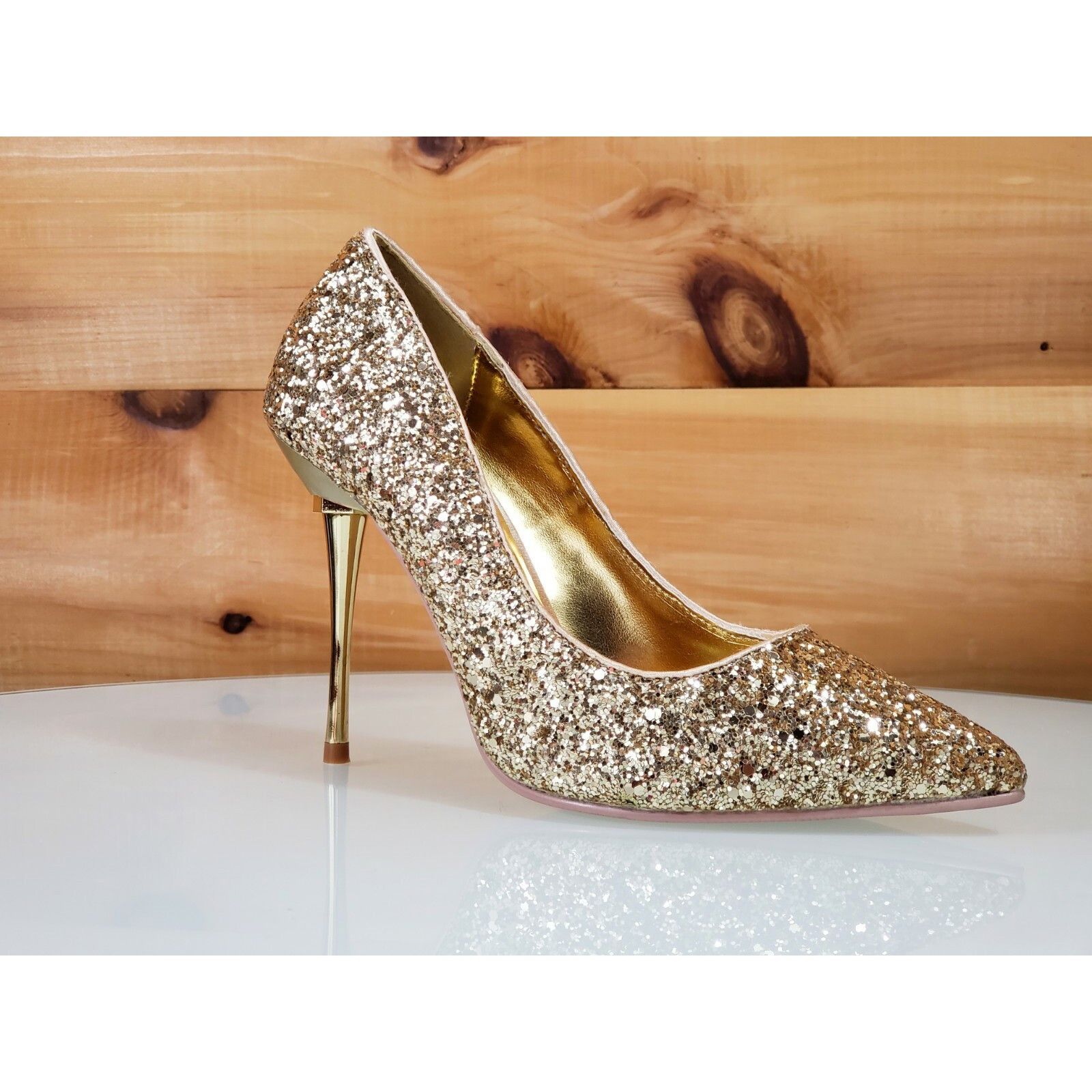 Other Appeal 20G Gold Glitter Pointy Toe 4" Metal High Stiletto He Size US 9 / IT 39 - 3 Thumbnail