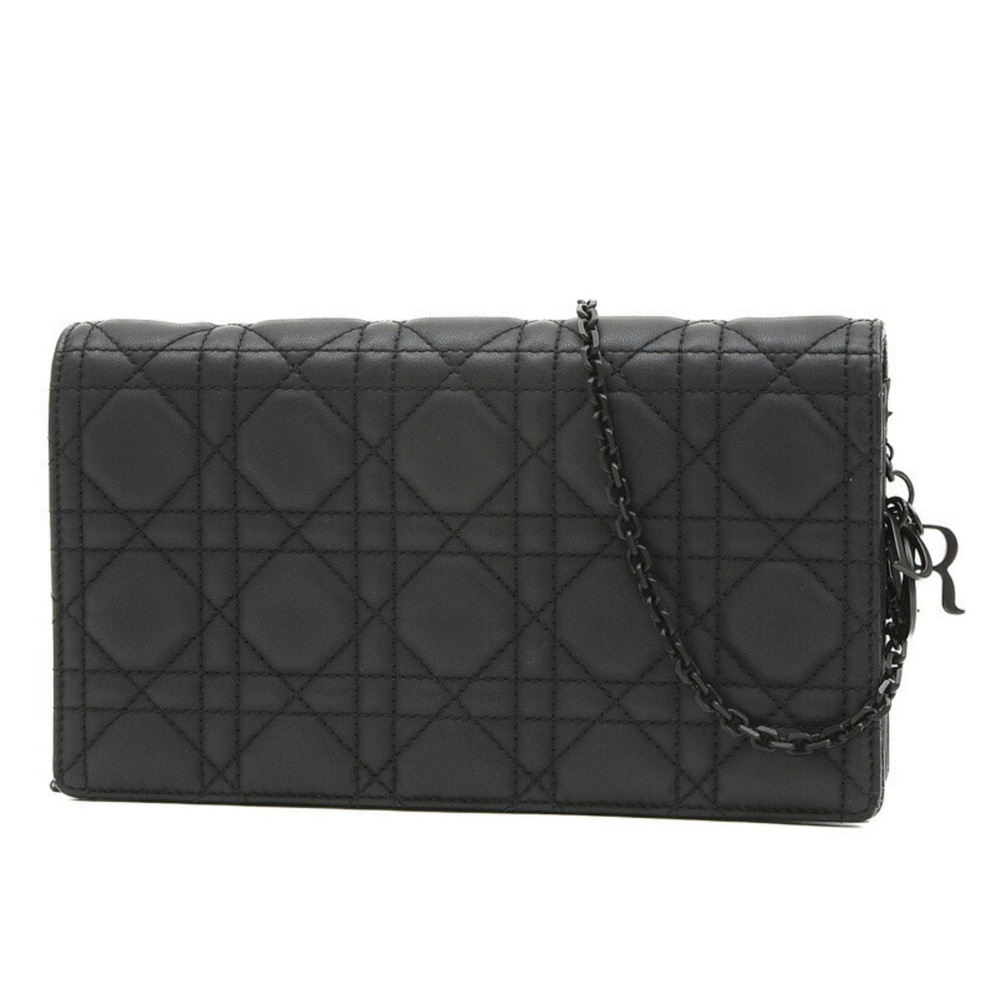 image of Christian Dior Dior Lady Cannage Chain Wallet Long Leather Black S0204Sloi, Women's