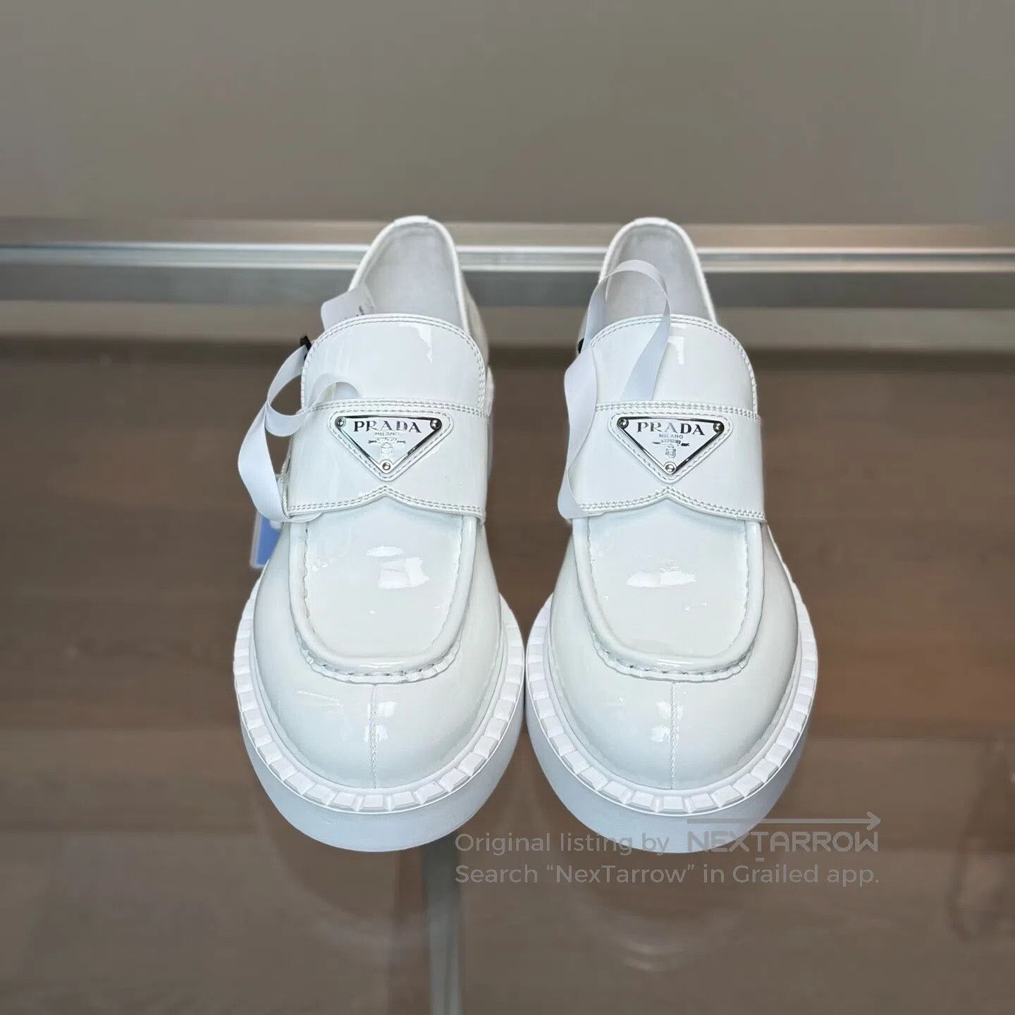 Prada Prada Chocolate white lacquered leather steel logo loafers Size US 7.5 / IT 37.5 - 2 Thumbnail