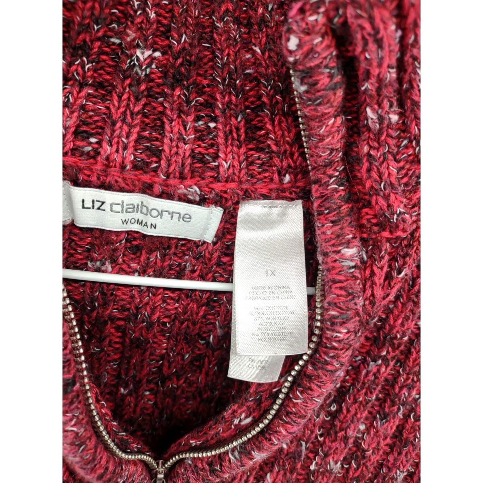 Liz Claiborne Liz Claiborne Womens Red Tweed 1/4 Zip Pullover Sweater 1X Adults Knit Pullover Zipper Baggy Cotton Blend Cable-Knit Ladies Womens VINTAGE? Size XL / US 12-14 / IT 48-50 - 4 Thumbnail