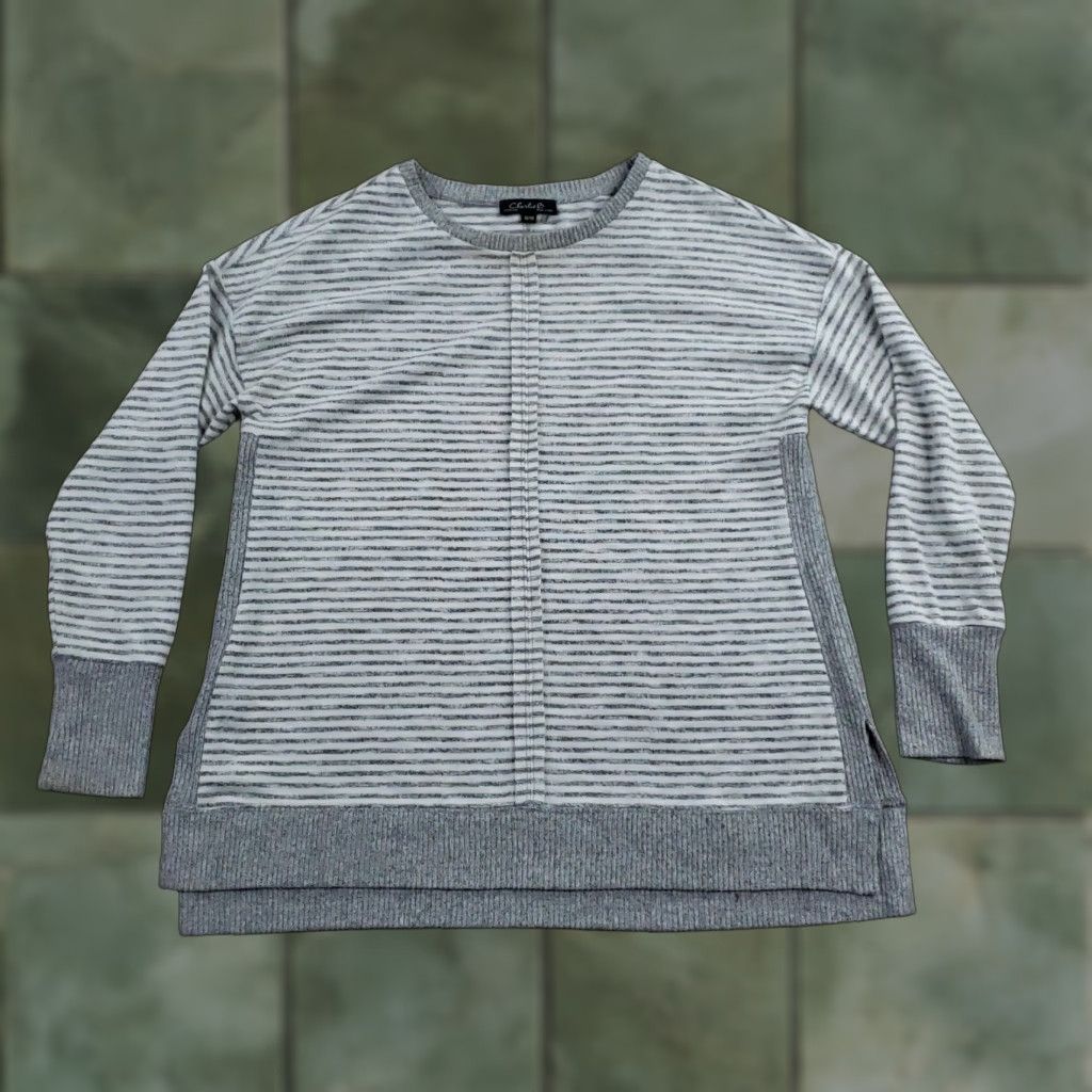 Vintage Charlie B Sweater Womens Medium Gray Striped Knit Tunic Long Sleeve Crewneck Size M / US 6-8 / IT 42-44 - 1 Thumbnail
