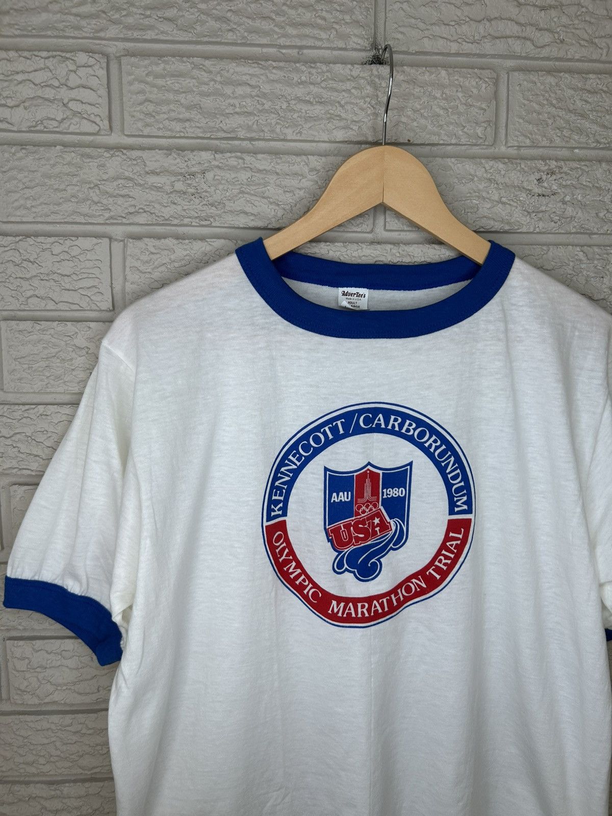 Vintage Vintage 80s USA Olympic Marathon Trial Thin Ringer T Shirt Size US L / EU 52-54 / 3 - 2 Thumbnail
