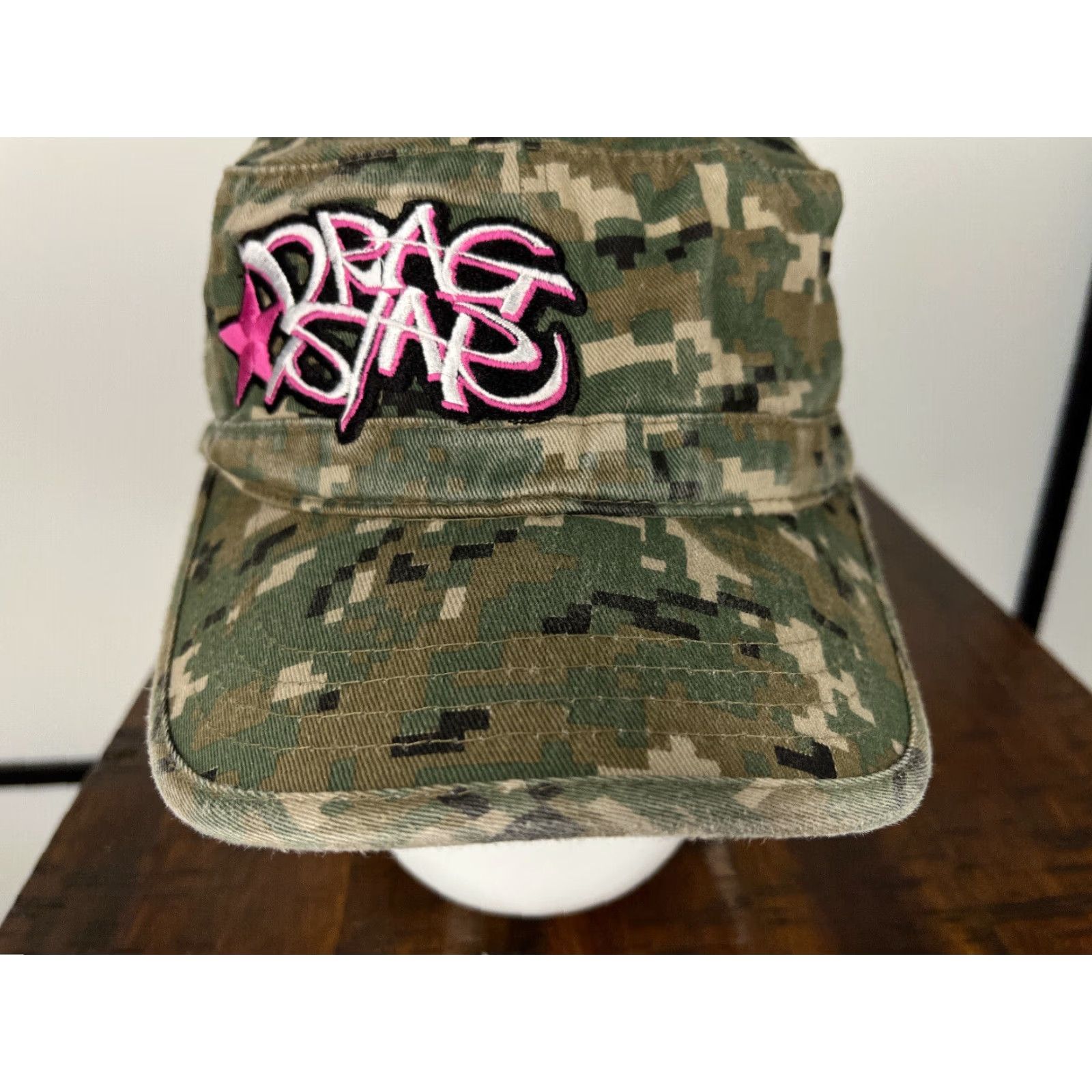 Vintage Drag Star Army Hat Cap Strap Back Adult One Size Green Embroidered Camo Cotton Size ONE SIZE - 3 Thumbnail
