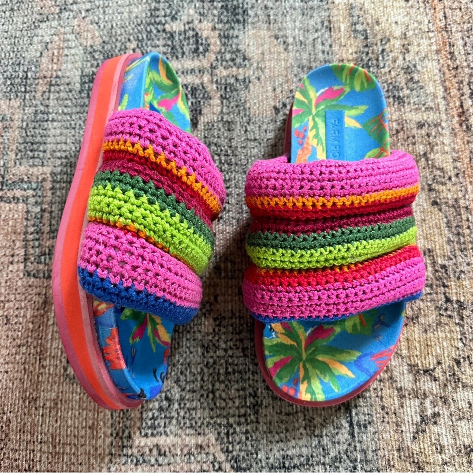 image of Farm Rio Blue Macaw Crotchet Slip On Chunky Sandals Size 8, Women's