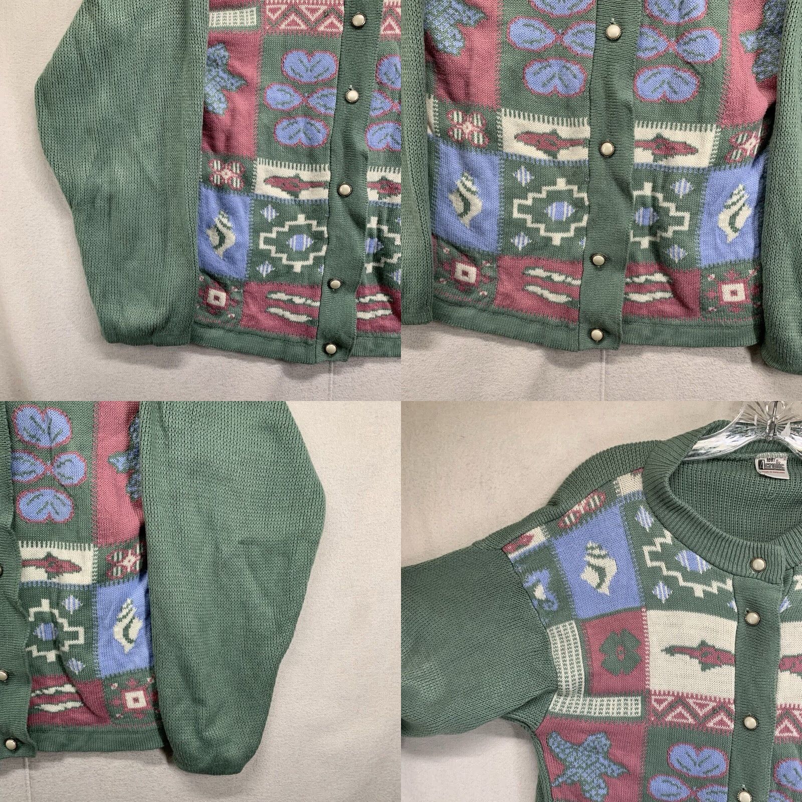Nautica VINTAGE Womens Bay Green Chunky Knit Cardigan Sweater XL Geometric Pattern Breathable Casual Travel Nautical Bohemian London Style Acrylic Knit Size XL / US 12-14 / IT 48-50 - 8 Thumbnail