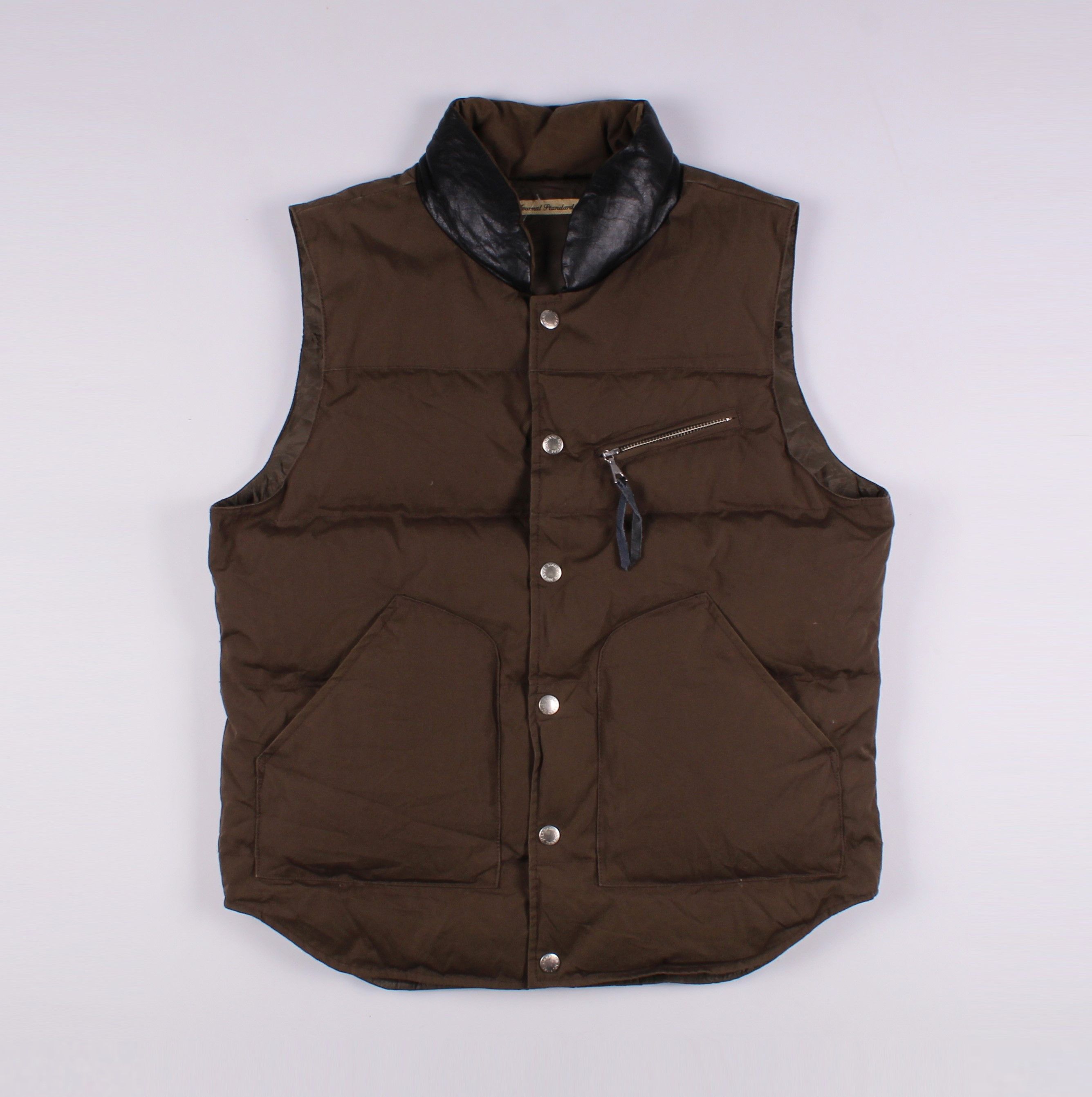 image of Journal Standard Down Vest With Leather Collar in Khaki, Men's (Size Medium)