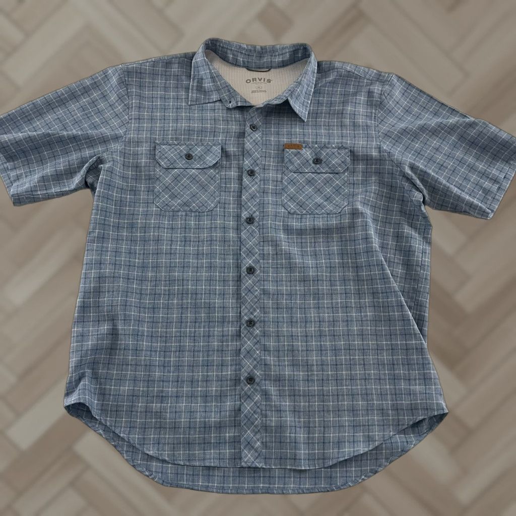 Orvis Orvis Plaid Short Sleeve Button-Up Shirt XL Blue Polyester Men Size US XL / EU 56 / 4 - 1 Thumbnail
