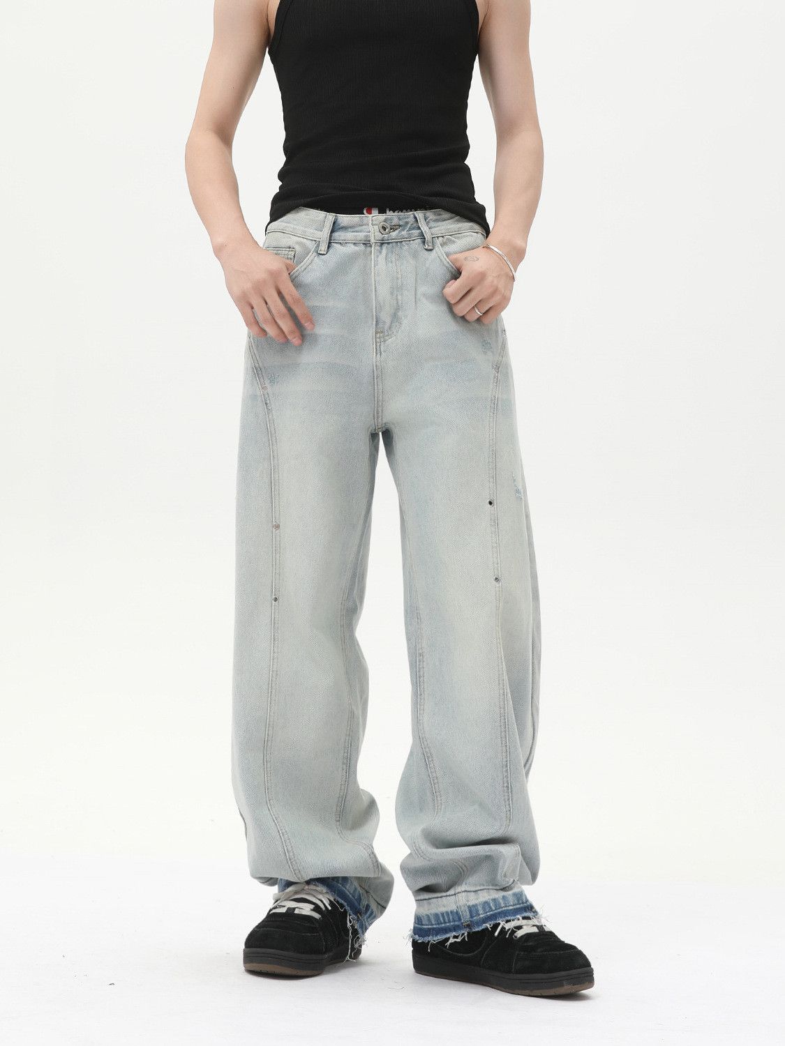 Japanese Brand Men's washed retro wide-leg loose patchwork curved jeans Size US 32 / EU 48 - 2 Thumbnail