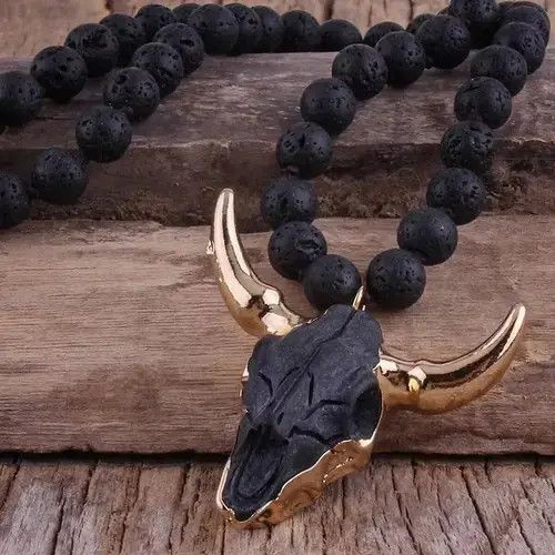 Jewelry Black Bull Head Bohemian Long Knotted Stone Bead Necklace Size ONE SIZE - 1 Thumbnail
