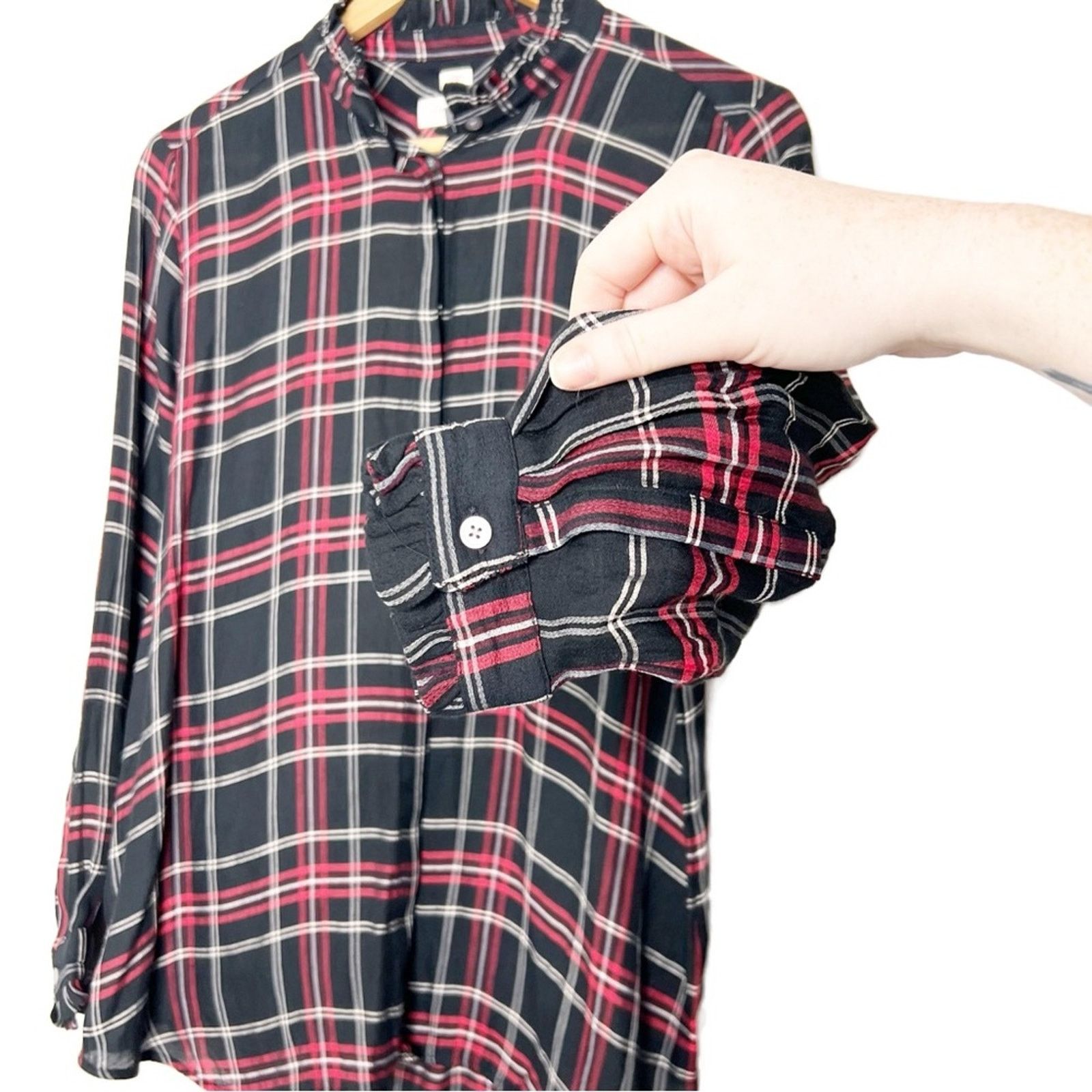 Loft Loft Women’s Petite Plaid Button Down Flannel Ruffle Shirt Size L / US 10 / IT 46 - 3 Thumbnail