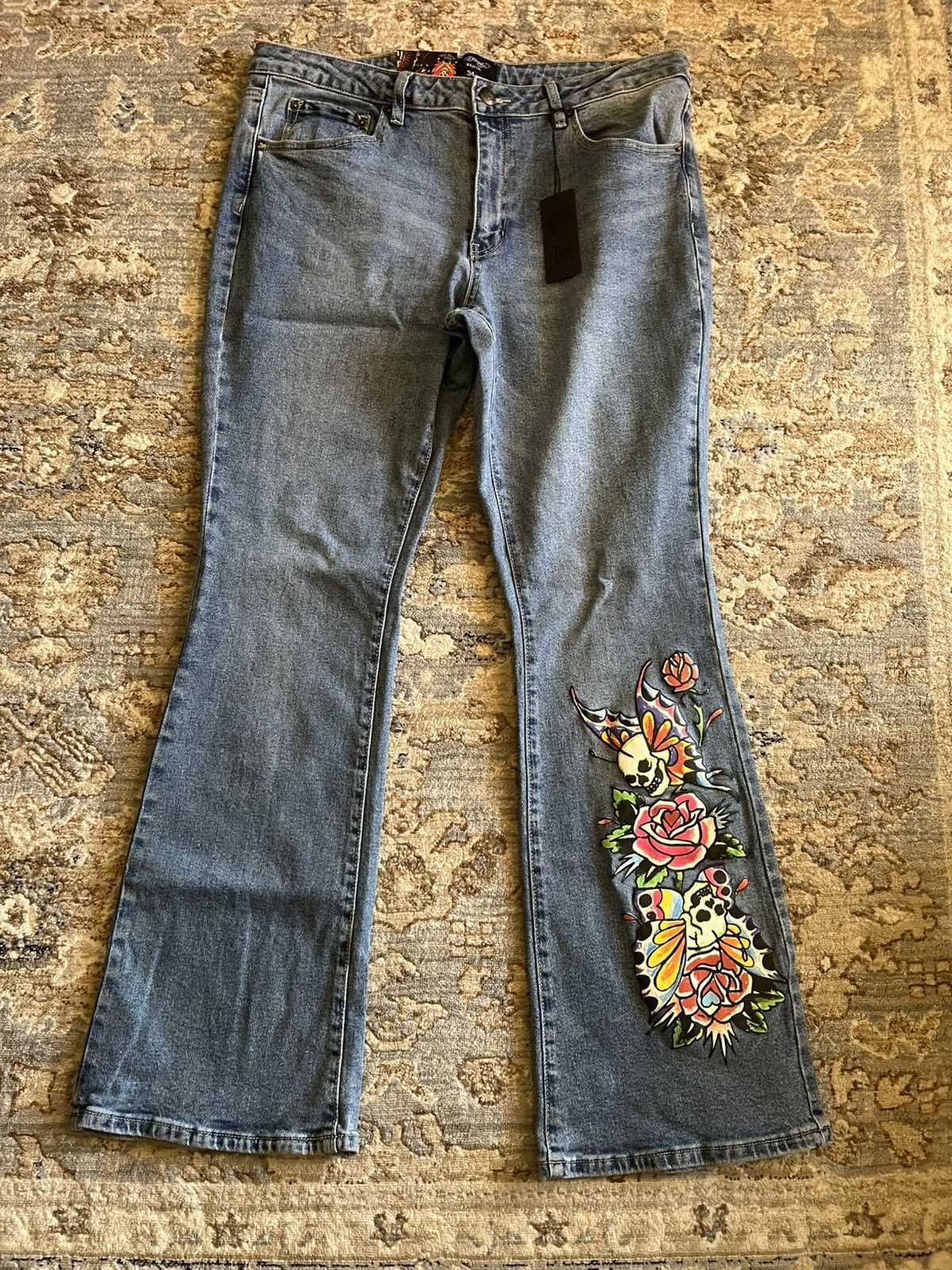 Ed Hardy GRAPHIC BUTTERFLY SKULL LOW RISE BOOTCUT JEANS 34x32 Size 34" / US 12 / IT 48 - 1 Thumbnail