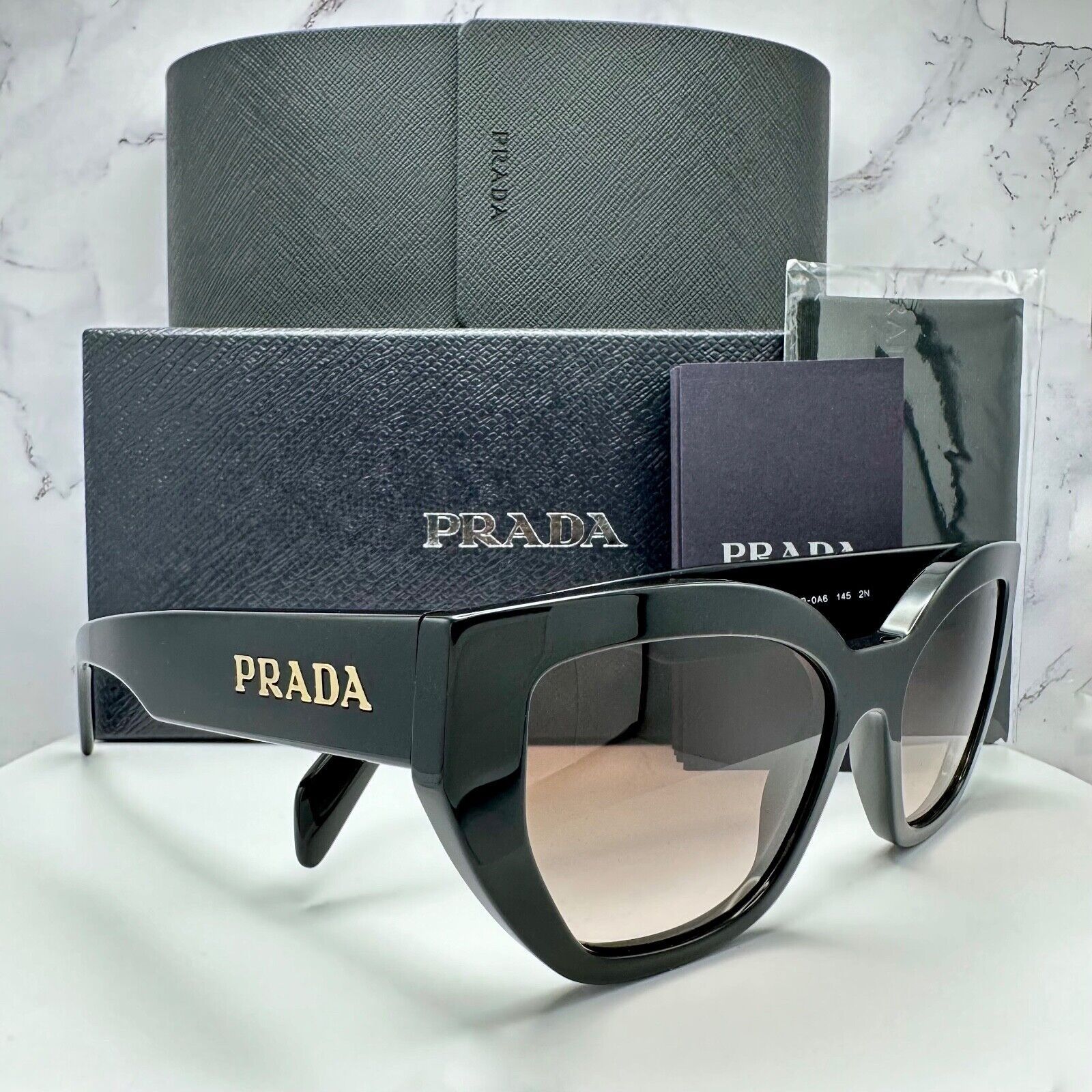 Prada New Prada Black Sunglasses Cat Eye Gold PRADA Metal Logo Size ONE SIZE - 13 Thumbnail