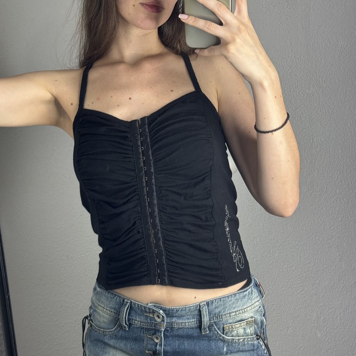 Blumarine × Designer × Japanese Brand Blumarine Crop Top Blouse Black Rhine Stone Logo Y2K Size S / US 4 / IT 40 - 1 Thumbnail