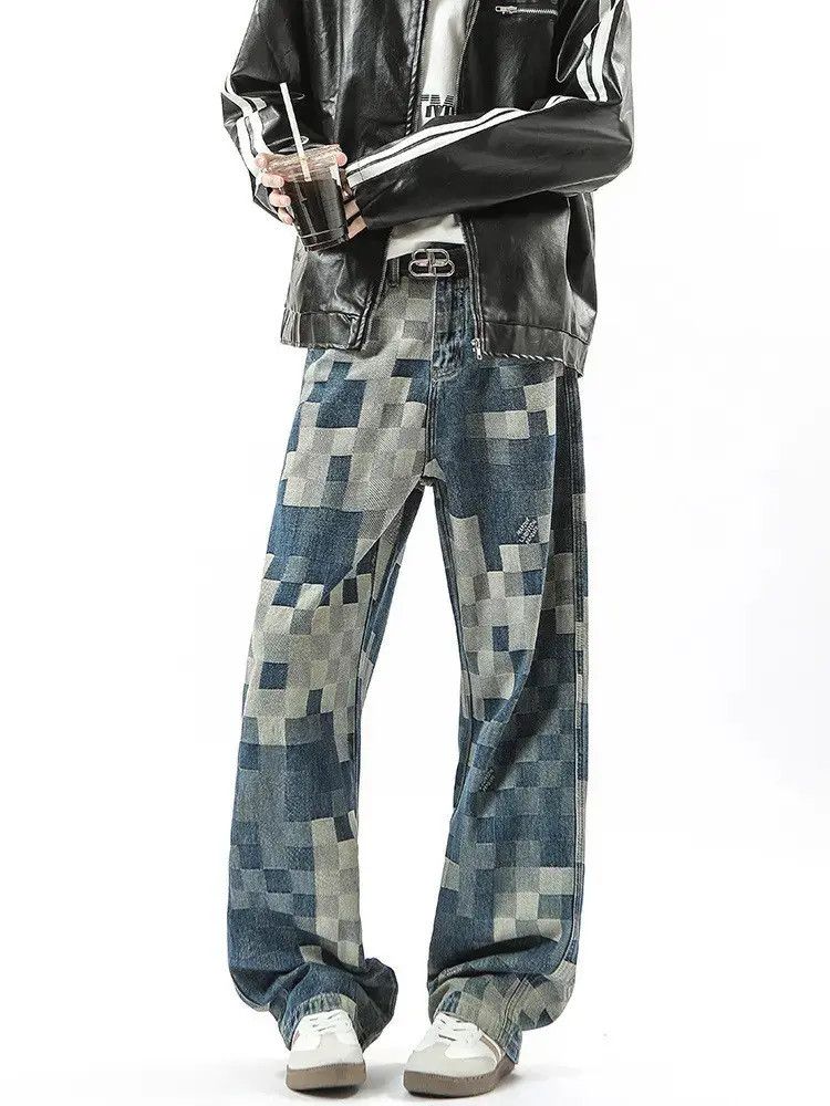 Retro loose checkered straight leg jeans