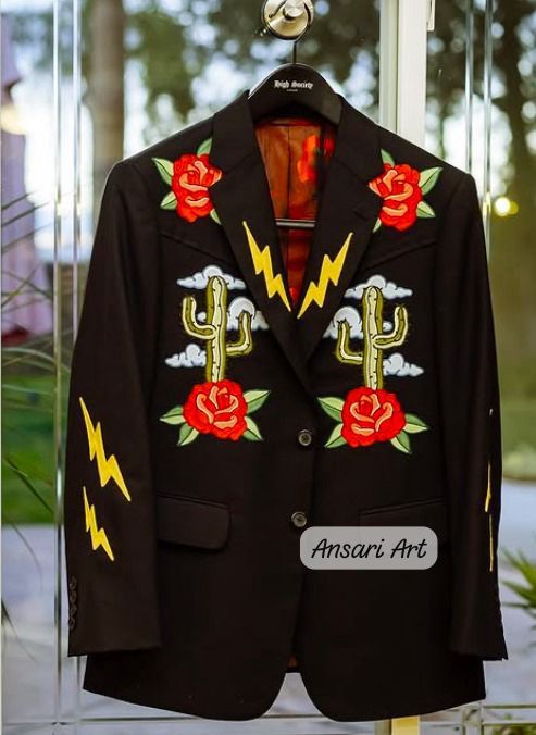Other Men Black 2Pc Customized Floral Cactus Embroidered Outfit Size 44L - 4 Thumbnail