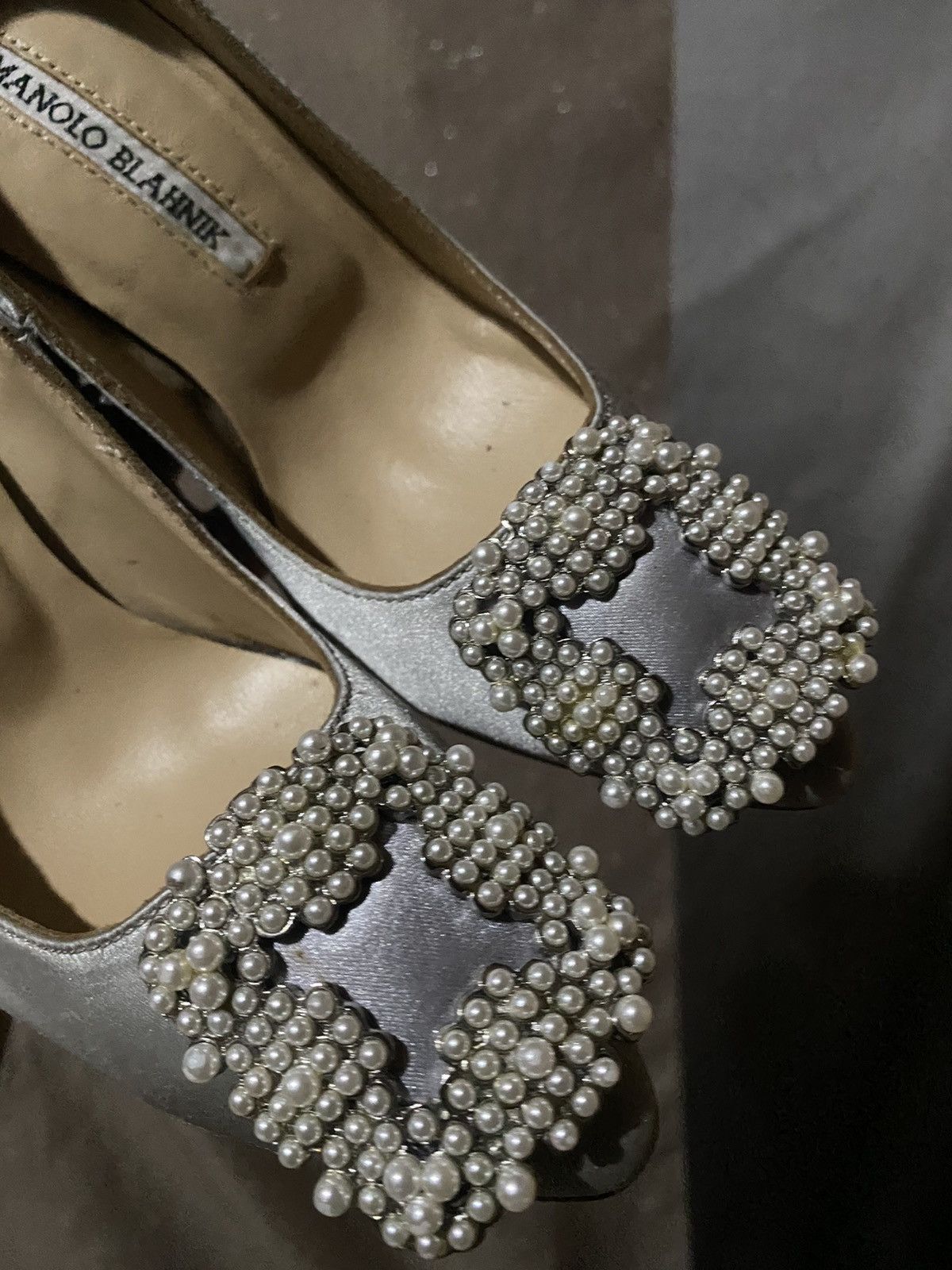 Manolo Blahnik MANOLO BLAHNIK Hangisi silver 70 white satin pearl buckle Size US 4 / IT 34 - 4 Thumbnail