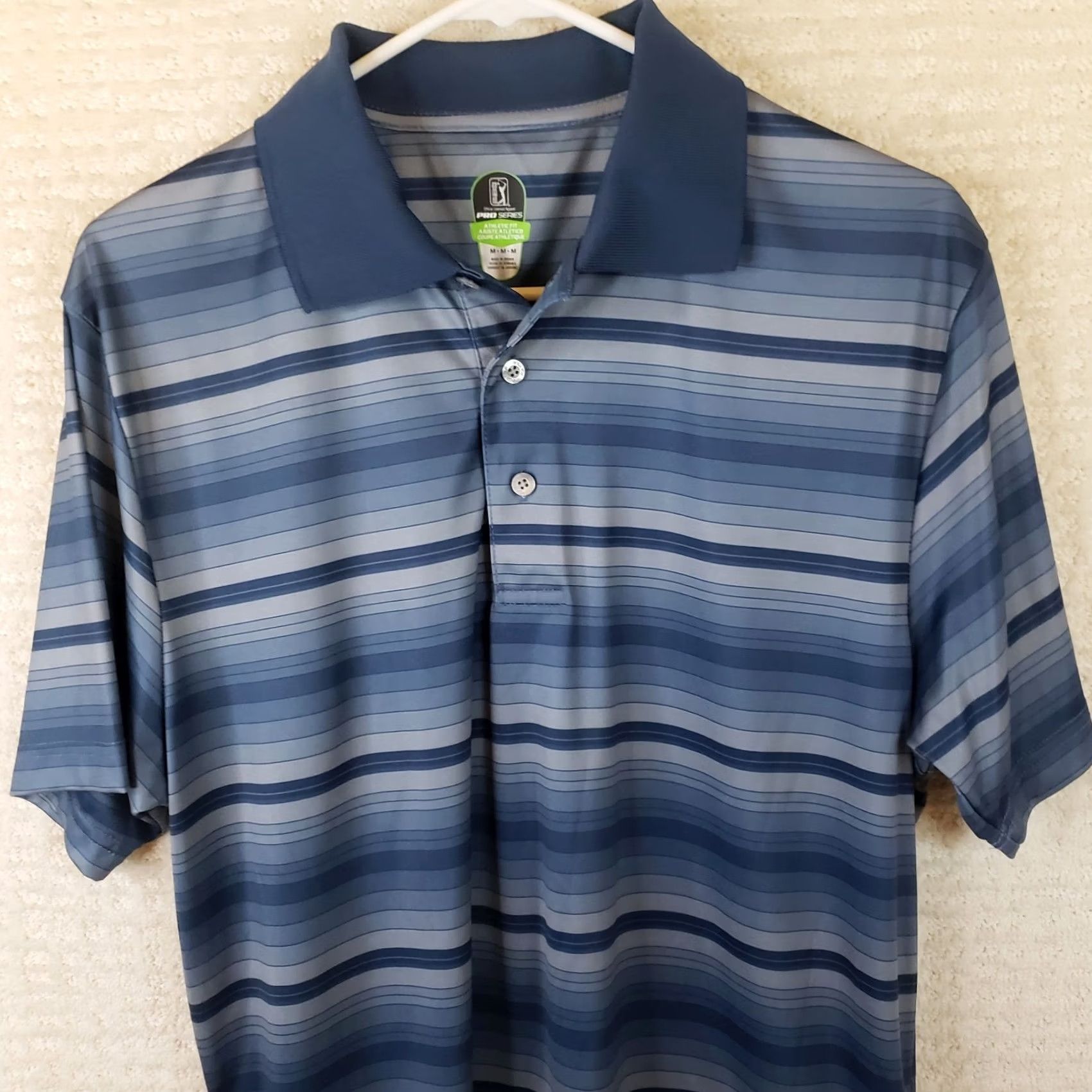 PGA Tour PGA Tour Pro Series Polo Shirt Men Blue Striped Short Sleeve Pullover Breathable 100% Polyester Golf Shirt M Regular Size US M / EU 48-50 / 2 - 2 Thumbnail