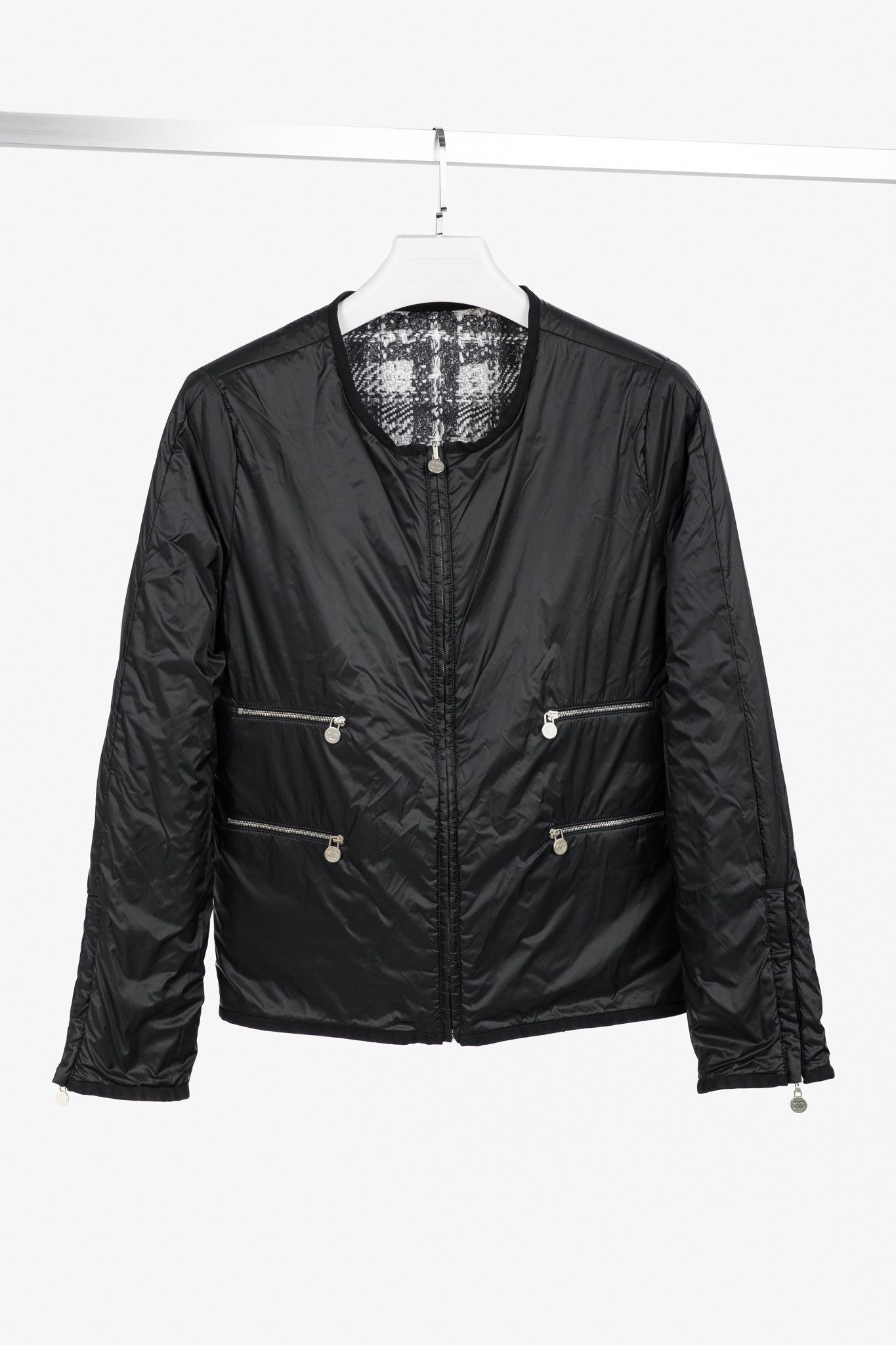 Chanel Chanel Reversible Grey Tweed-Printed & Black Nylon Jacket Size L / US 10 / IT 46 - 2 Thumbnail