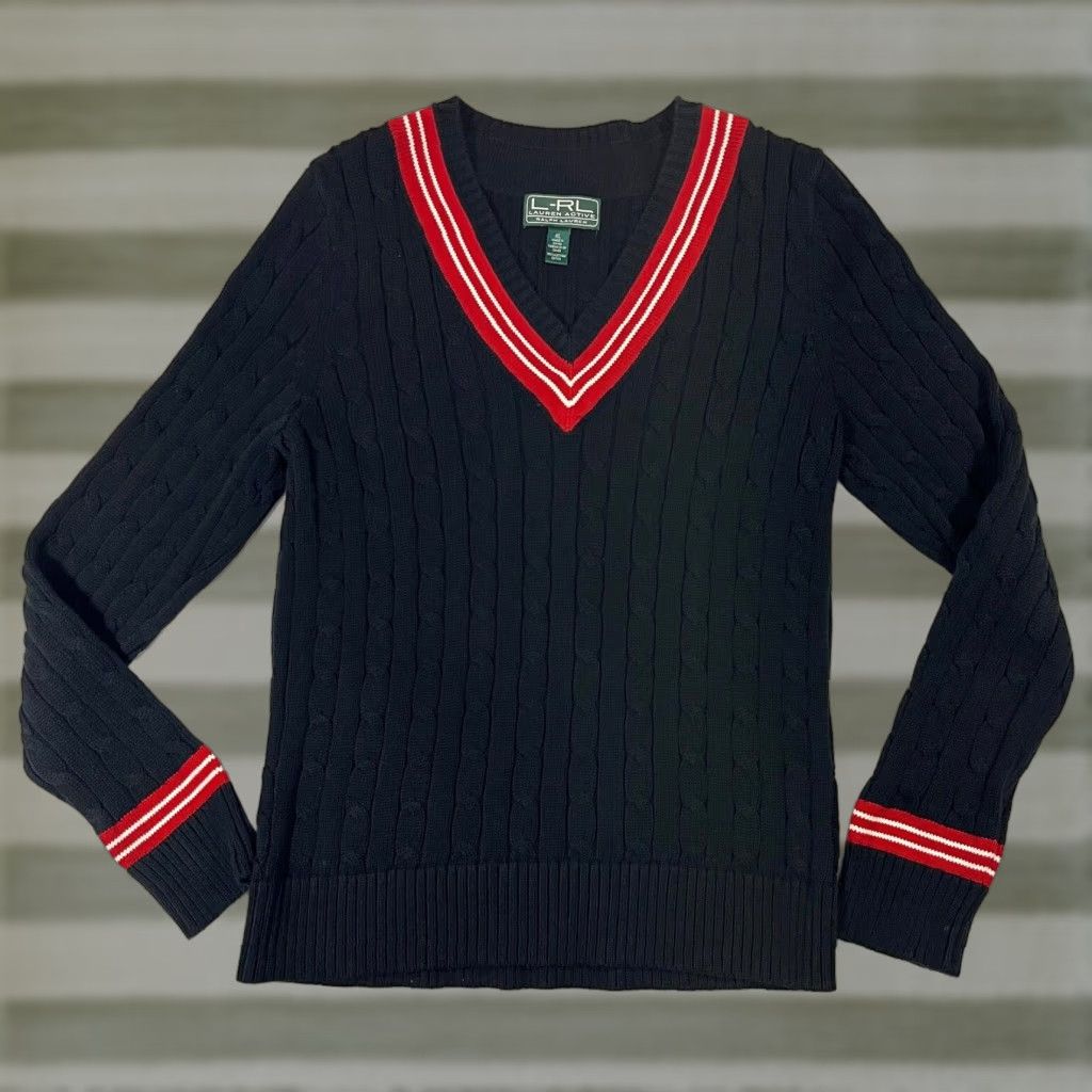 Ralph Lauren VINTAGE Lauren Ralph Lauren Women's Cable Knit V-Neck Cricket Sweater XL Black Pullover Knit Sweater Size XL / US 12-14 / IT 48-50 - 1 Thumbnail