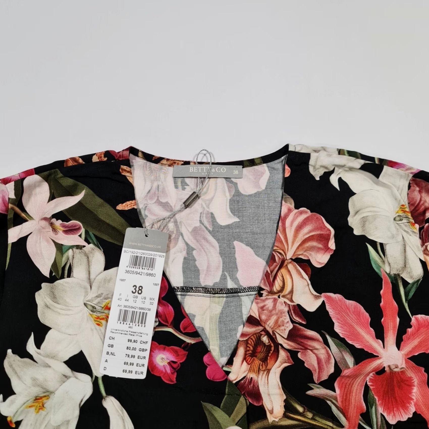 CO Betty & Co Blouse Black 12 UK Floral 3/4 Sleeve V-Neck Logo Womens Blouse Size XL / US 12-14 / IT 48-50 - 2 Thumbnail