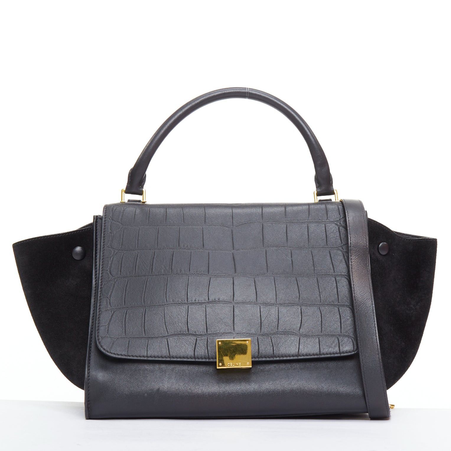 Celine Trapeze Black Embossed Scaled Leather Gold Clasp Crossbody Bag, Women's