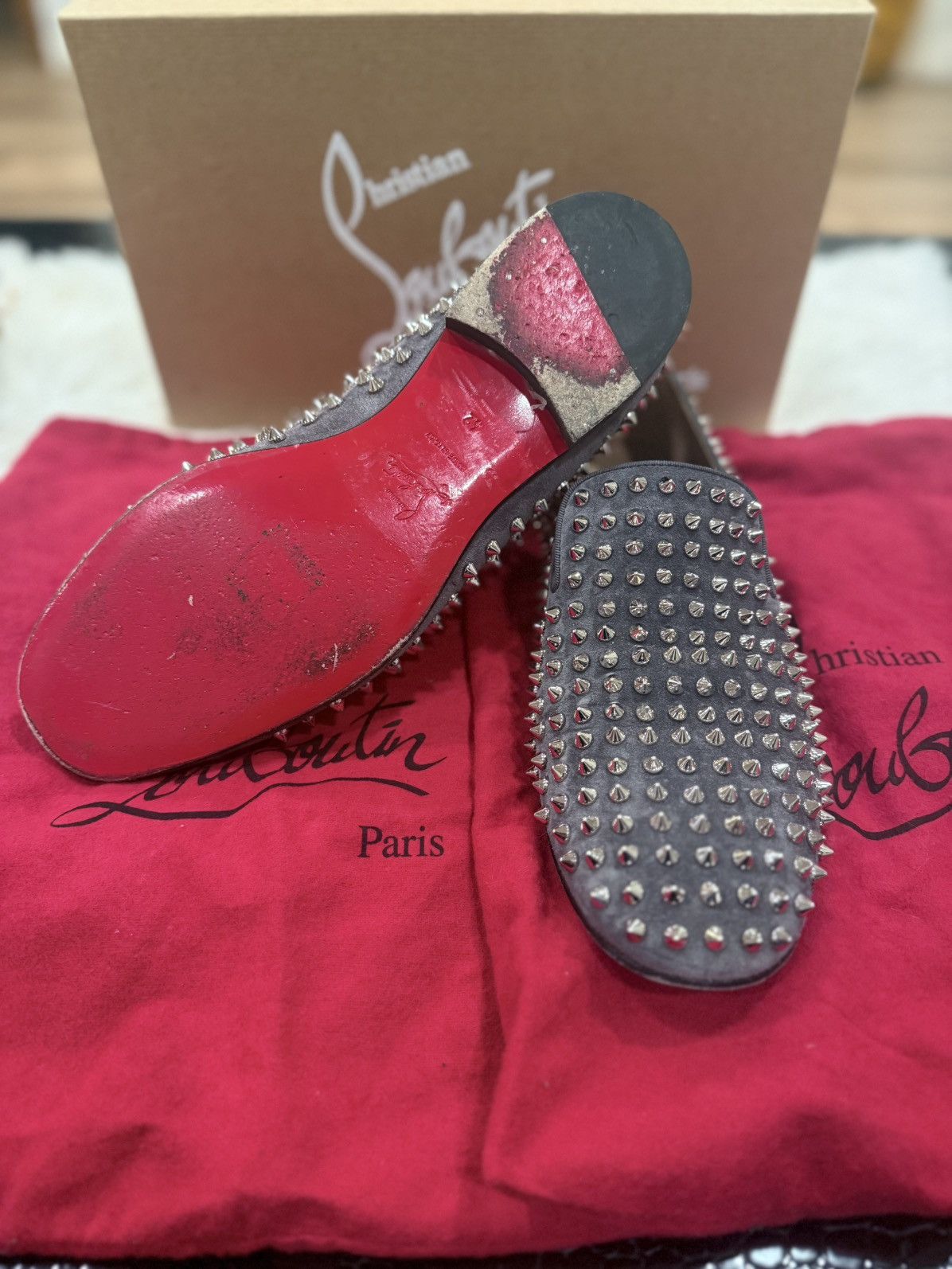 Christian Louboutin ROLLERBOY Spikes Studded Grey Loafers