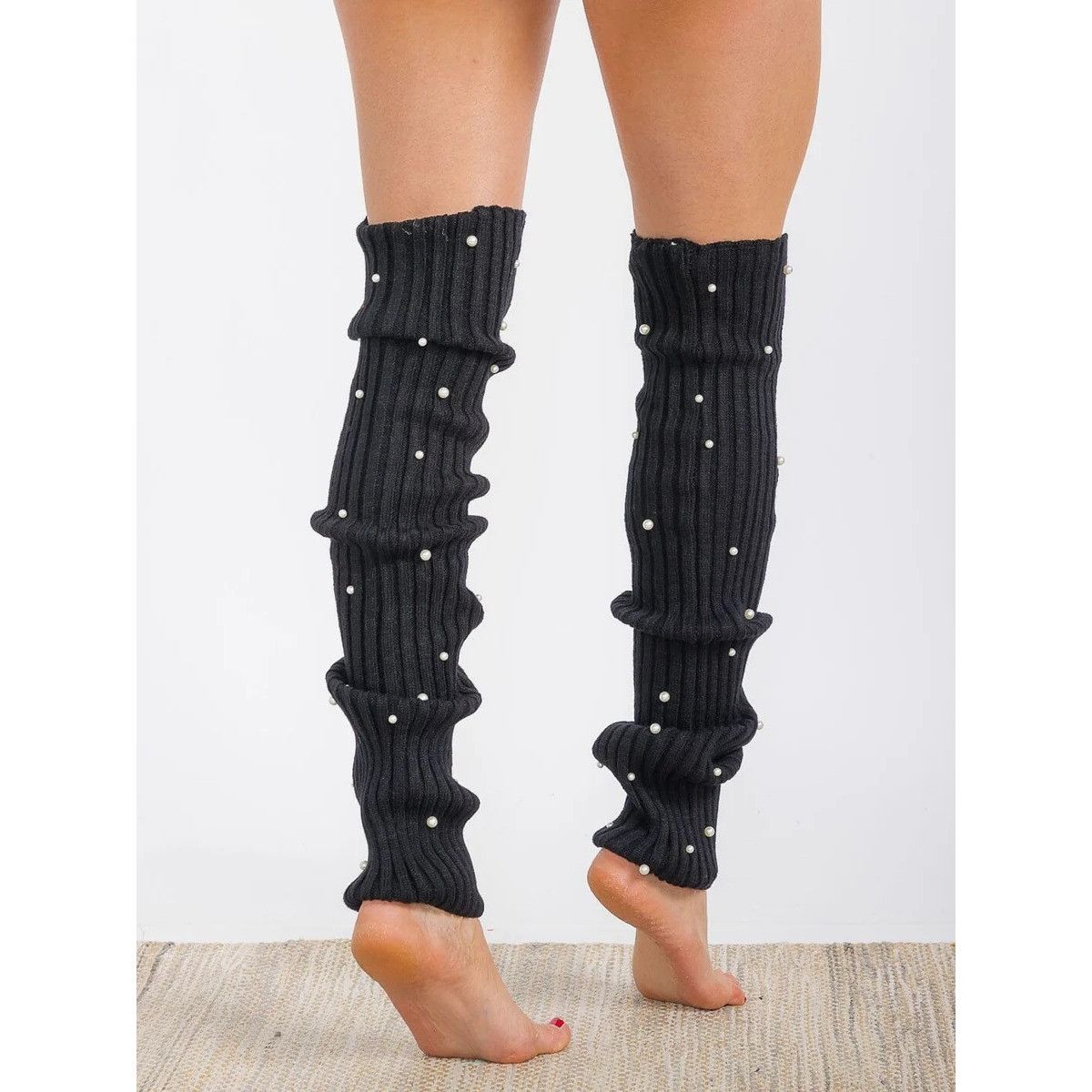 Other Women’s Black Pearl Embellished Ribbed Knit Leg Warmers One Size ONE SIZE - 2 Thumbnail