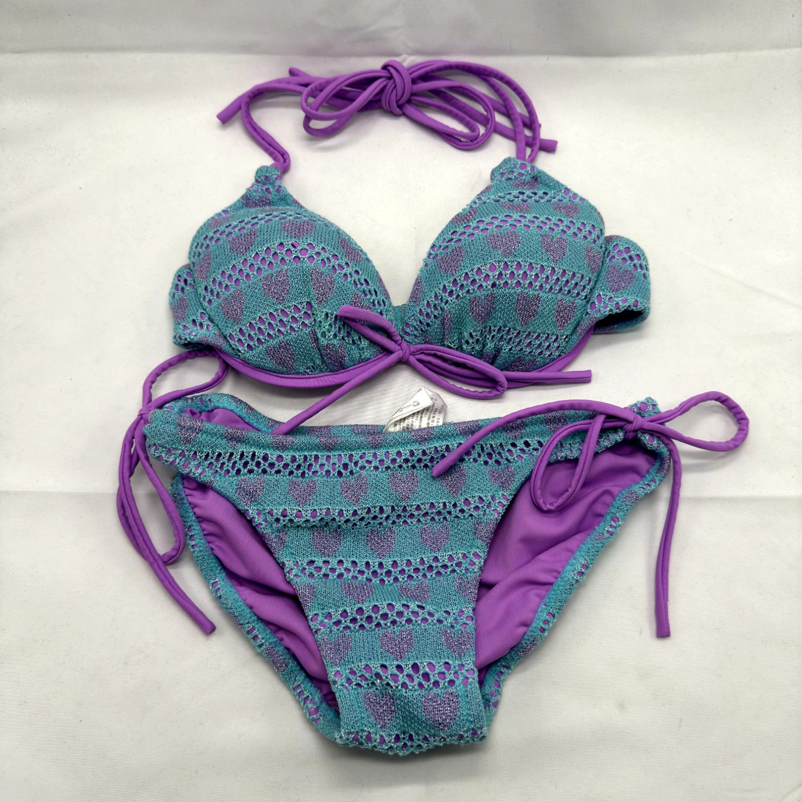 image of Y2K Vintage Japanese Japan Bikini Swimsuit Bathing Suit Xs Blue Purple Hearts in White, Women's