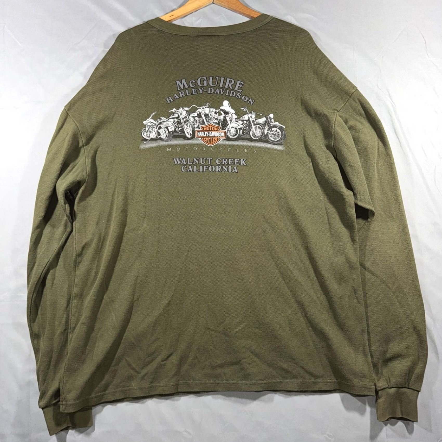 Harley Davidson Harley-Davidson Long Sleeve T-Shirt Olive Green 2XL Vintage Crew Neck Logo Graphic Print Mens Size US XXL / EU 58 / 5 - 2 Thumbnail