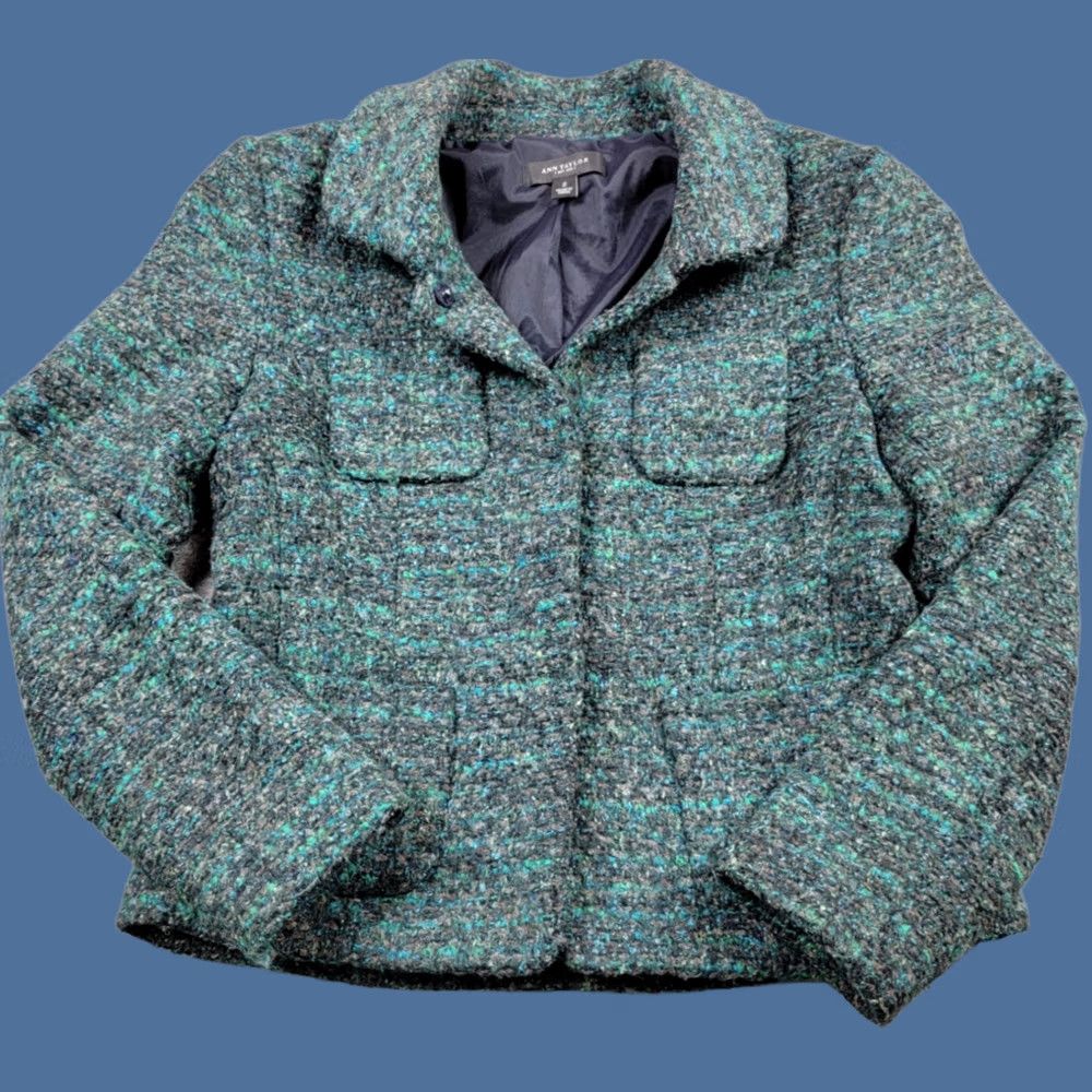 Ann Taylor Ann Taylor Blazer Womens 2 Green Black Blue Wool Blend Snap Button Lined Size XS / US 0-2 / IT 36-38 - 1 Thumbnail
