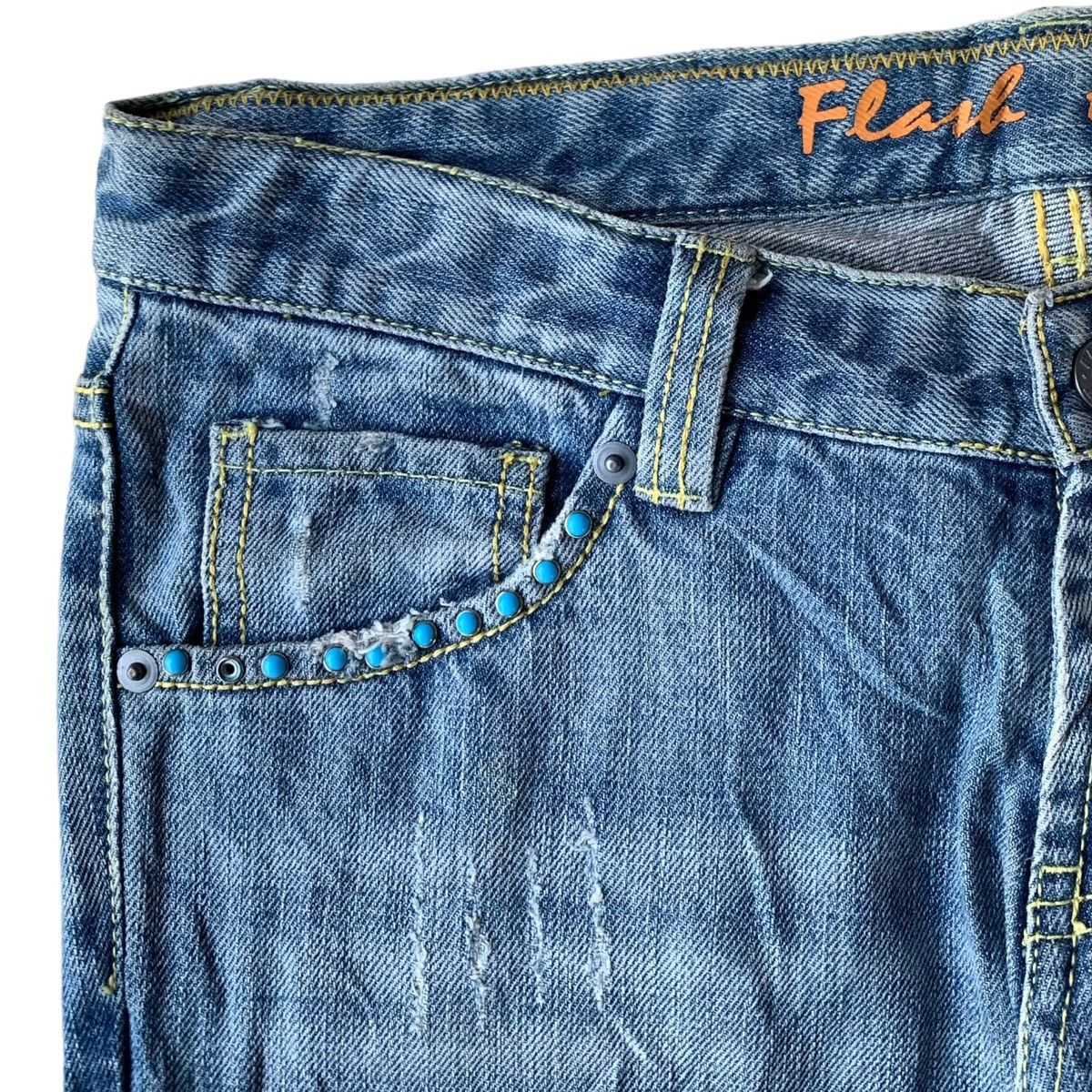 Japanese Brand × Vintage 2000s Japanese Brand FR Studded Gem Distressed Flared Jeans Size US 30 / EU 46 - 4 Thumbnail