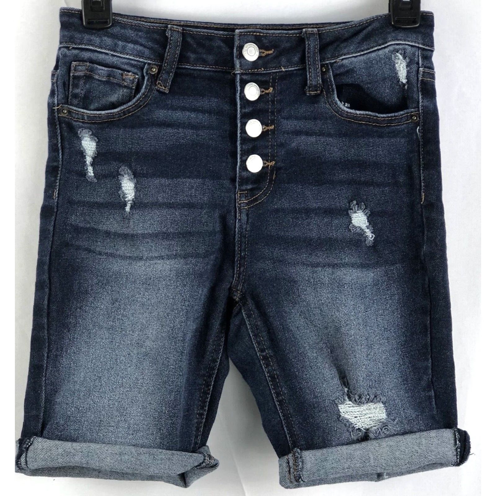 Denime VINTAGE Vanilla Sky Bermuda Shirt 5 24" waist 8" inseam Distressed Denim Button Fly Blue 90s Grunge Hip­­pie Punk Y2K Juniors Womens Size 27" / US 4 / IT 40 - 2 Thumbnail