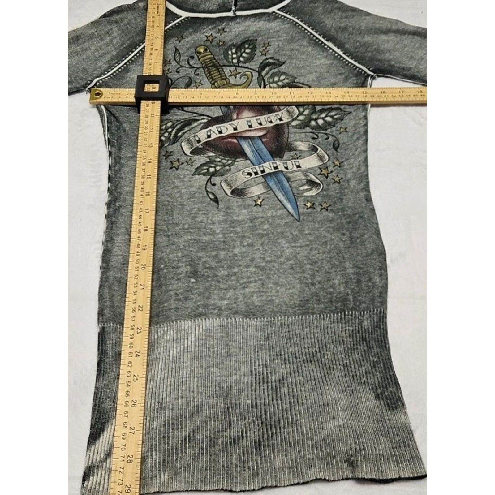 Vintage Sinful Hoodie Women’s Gray Burn Wash Rhinestone Medium Heart Dagger Graphic Size M / US 6-8 / IT 42-44 - 8 Thumbnail