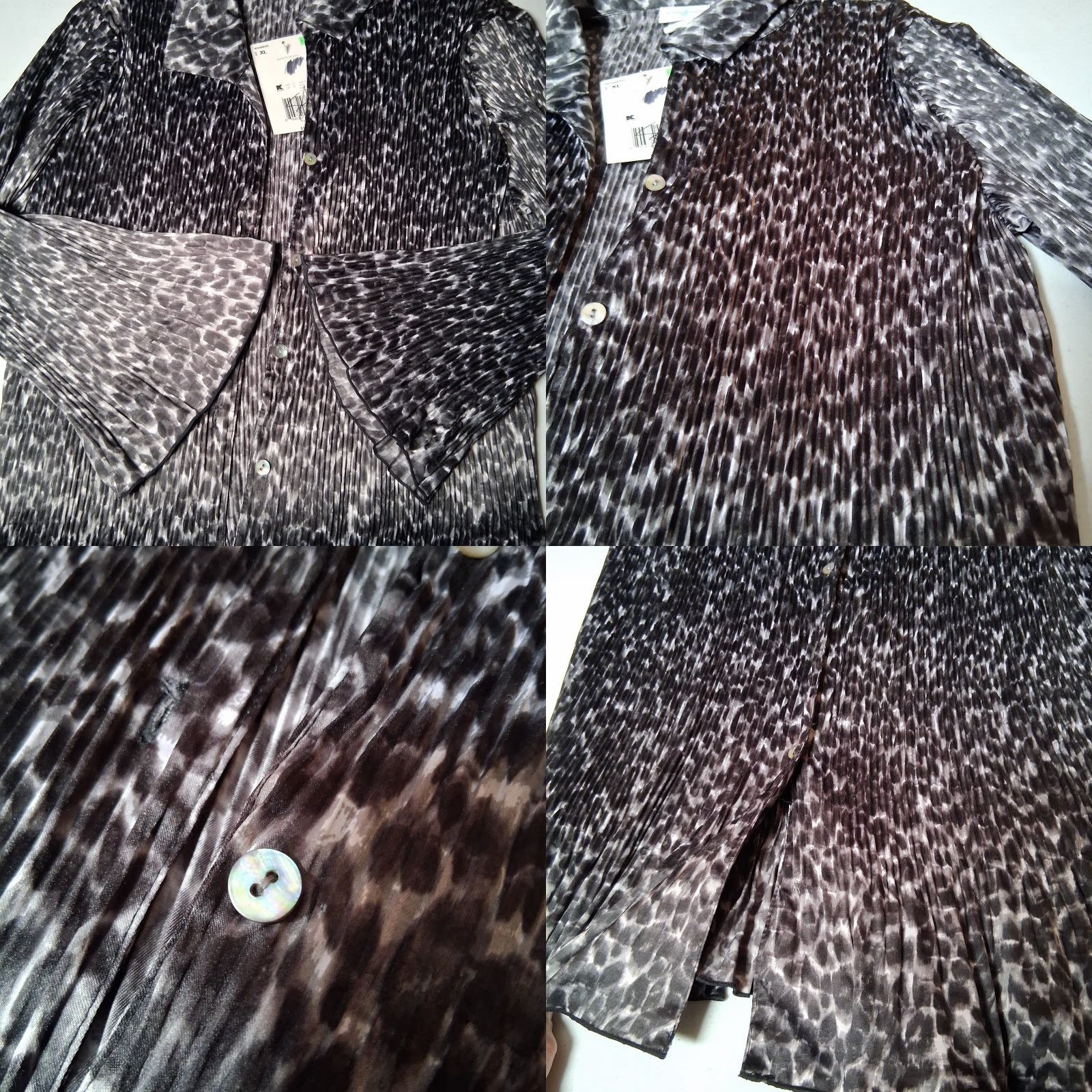 Vintage Jaclyn Smith Blouse XL Black Cat Print Bell Sleeve Pleated Satin Polyester Button Collared Size XL / US 12-14 / IT 48-50 - 9 Thumbnail
