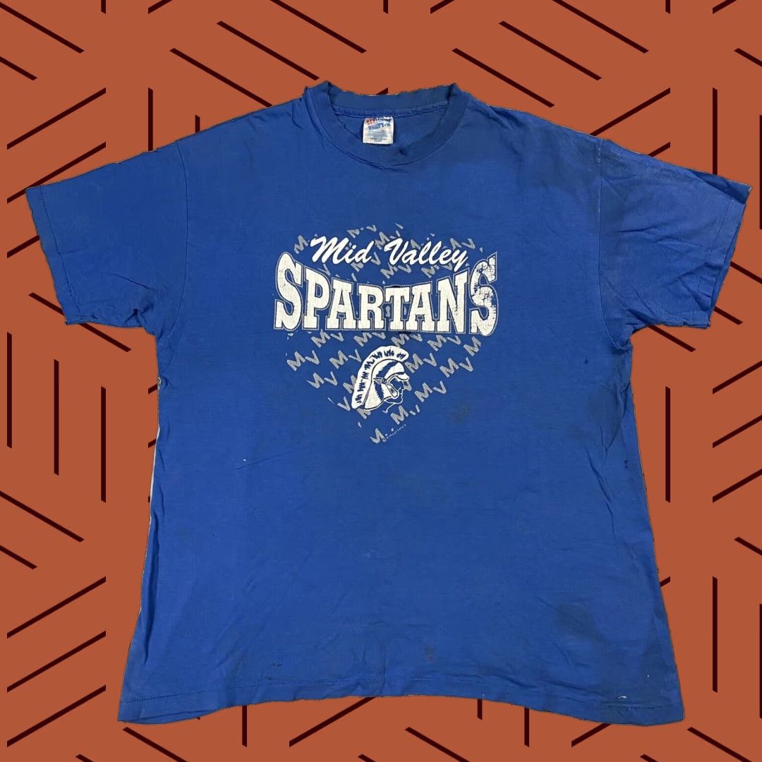 Hanes VINTAGE Spartan High School Football Shirt XL Unisex White 1980s Throop PA Hanes Graphic Tee Size US XL / EU 56 / 4 - 1 Thumbnail