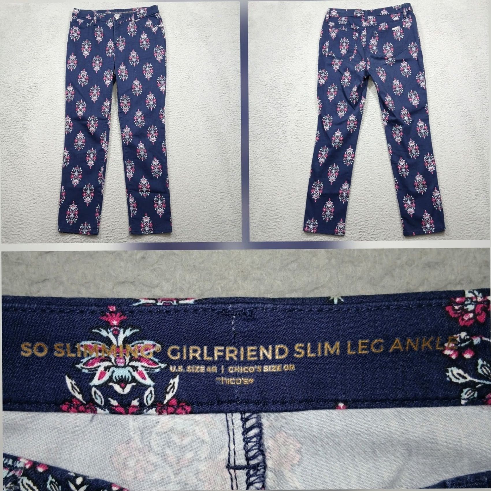 Vintage Chico's So Slim Leg Girlfriend Ankle Pants Women 4R Navy Floral Denim Slimming Stretch Pockets Wrinkle Resistant Casual Size 27" / US 4 / IT 40 - 2 Thumbnail
