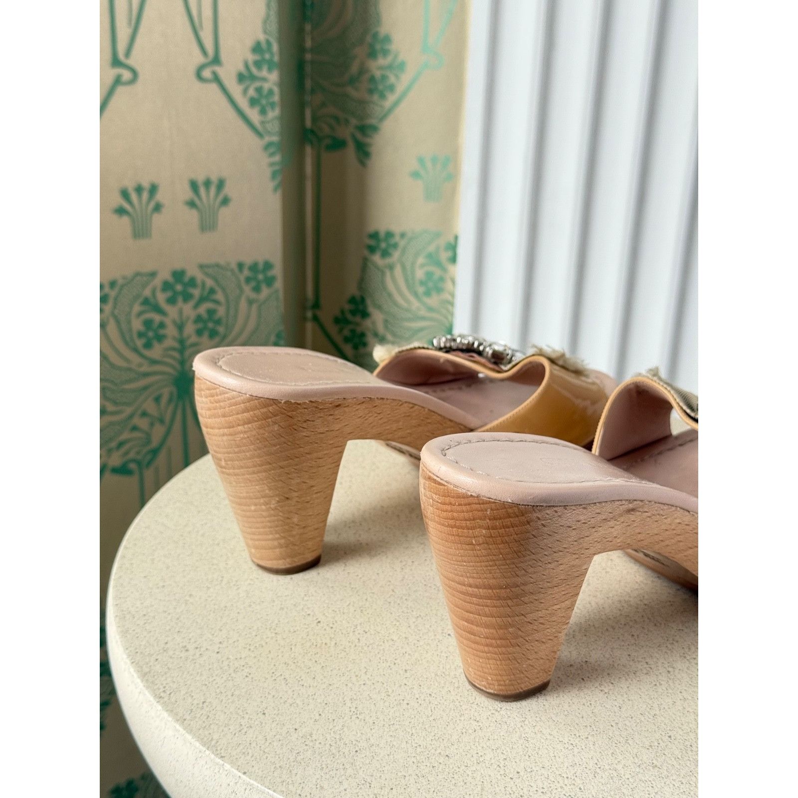 Miu Miu Miu Miu Beige Patent Leather Crystal Embellished Clogs Size US 6 / IT 36 - 9 Thumbnail