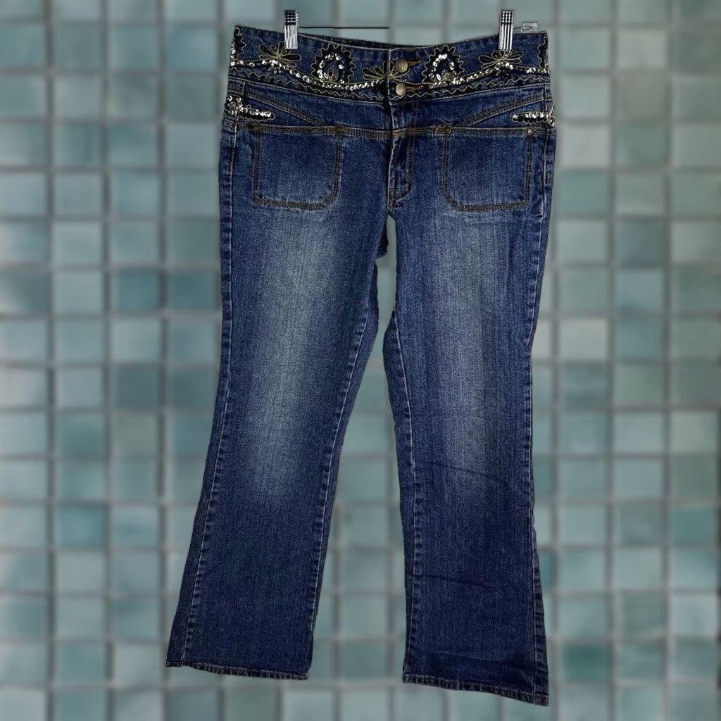 Vintage VINTAGE BISOU BISOU Women's Bootcut Jeans 12 Blue 90s Embellished Rhinestone Floral Denim Spandex Size 34" / US 12 / IT 48 - 1 Thumbnail