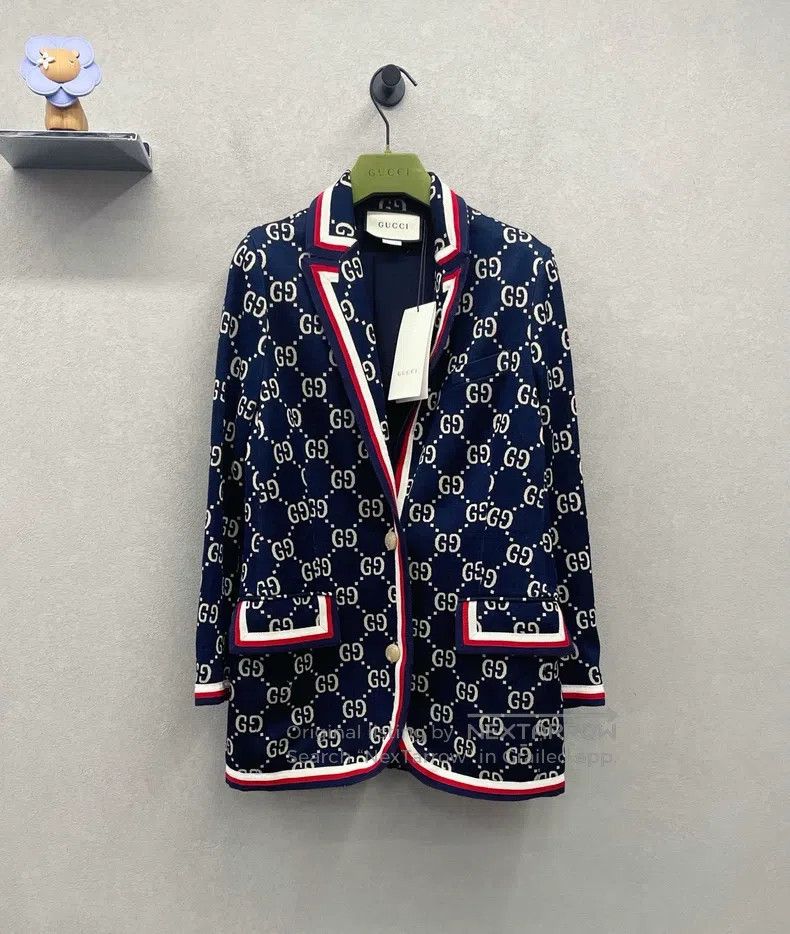 Gucci Gucci Logo jacquard dark blue long-sleeved suit jacket Size S / US 4 / IT 40 - 1 Thumbnail