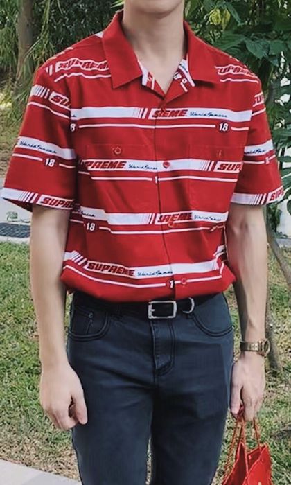 Supreme Supreme Striped Racing Work Shirt Red Medium | Grailed